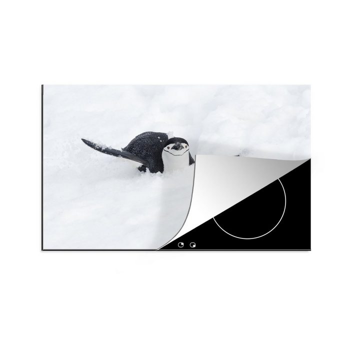 MuchoWow Herdblende-/Abdeckplatte Ein Pinguin rutscht auf seinem Bauch durch den Schnee Vinyl (1 tlg) induktionskochfeld Schutz für die küche Ceranfeldabdeckung