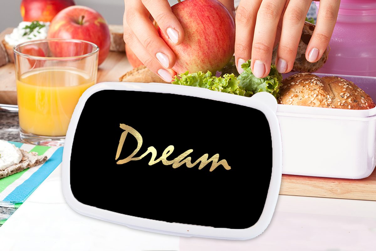 Traum Mädchen und - Gold, und Brotdose, Lunchbox - Erwachsene, weiß Kinder - Kunststoff, MuchoWow Brotbox Jungs Schwarz Zitat für (2-tlg), für