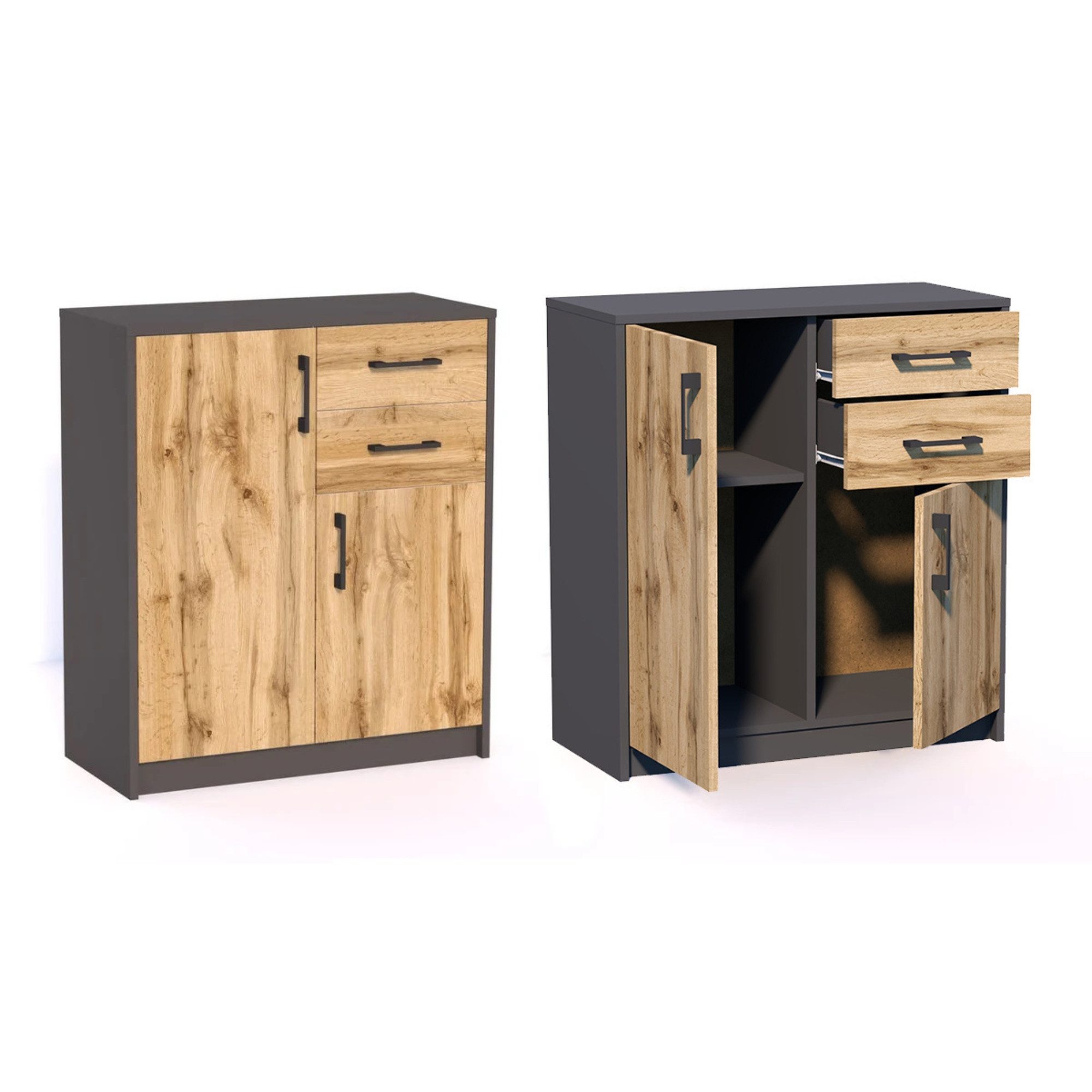 Home Collective Kommode mit 2 Schubladen und 2 Türen in matter Ausführung, Kommode 74cm breit (Hergestellt aus laminiertem Holz, Metallrollen mit Auszugssperre), Holz Schrank Sideboard Highboard Kommode mit Schubladen Graphit-Eiche