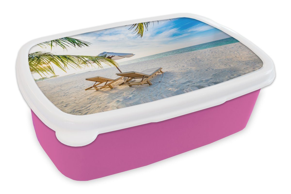 MuchoWow Lunchbox Strandkorb - Sonnenschirm - Sonnenuntergang, Kunststoff, (2-tlg), Brotbox für Erwachsene, Brotdose Kinder, Snackbox, Mädchen, Kunststoff rosa