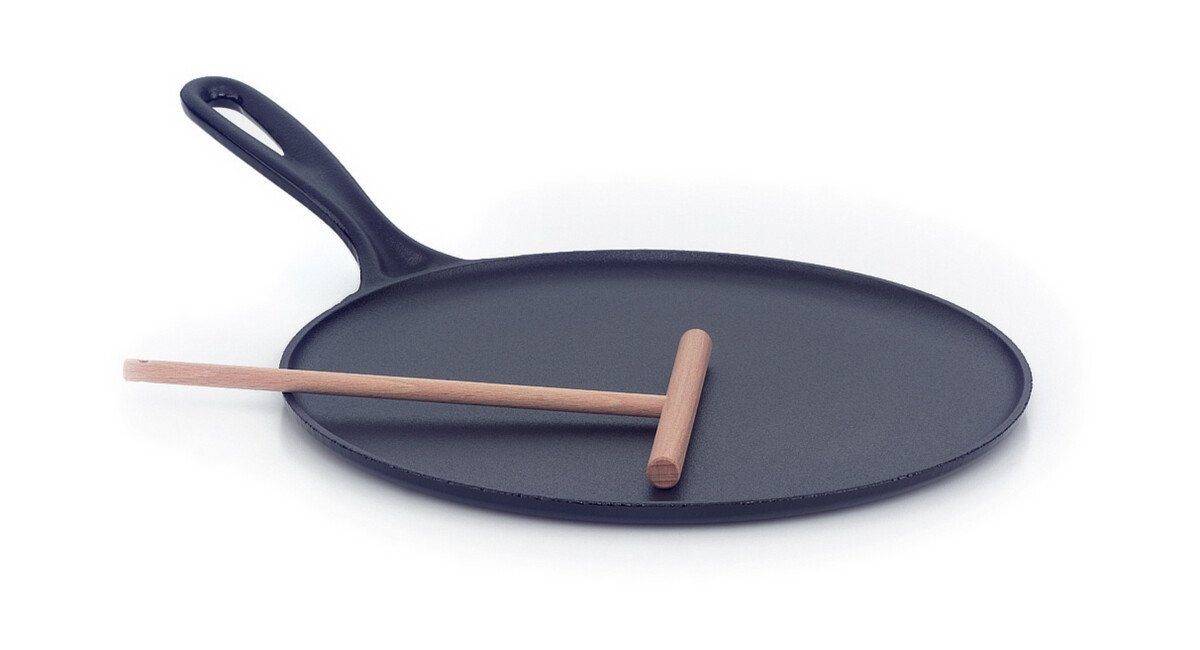 LE CREUSET Bratpfanne Crêpespfanne 27 cm Classic Collection schwarz, Gusseisen, Crêpespfanne mit Teigverteiler aus Holz