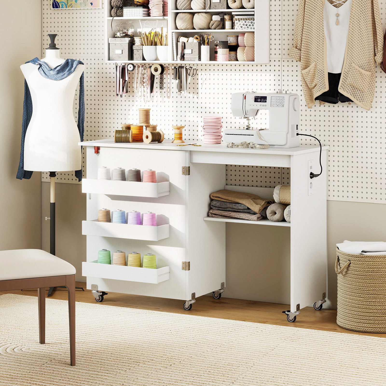 COSTWAY Schreibtisch 2 in 1 Nähtisch klappbar mit Ladestation, Rollen, Nähmaschinenschrank – Bild 2 von 5