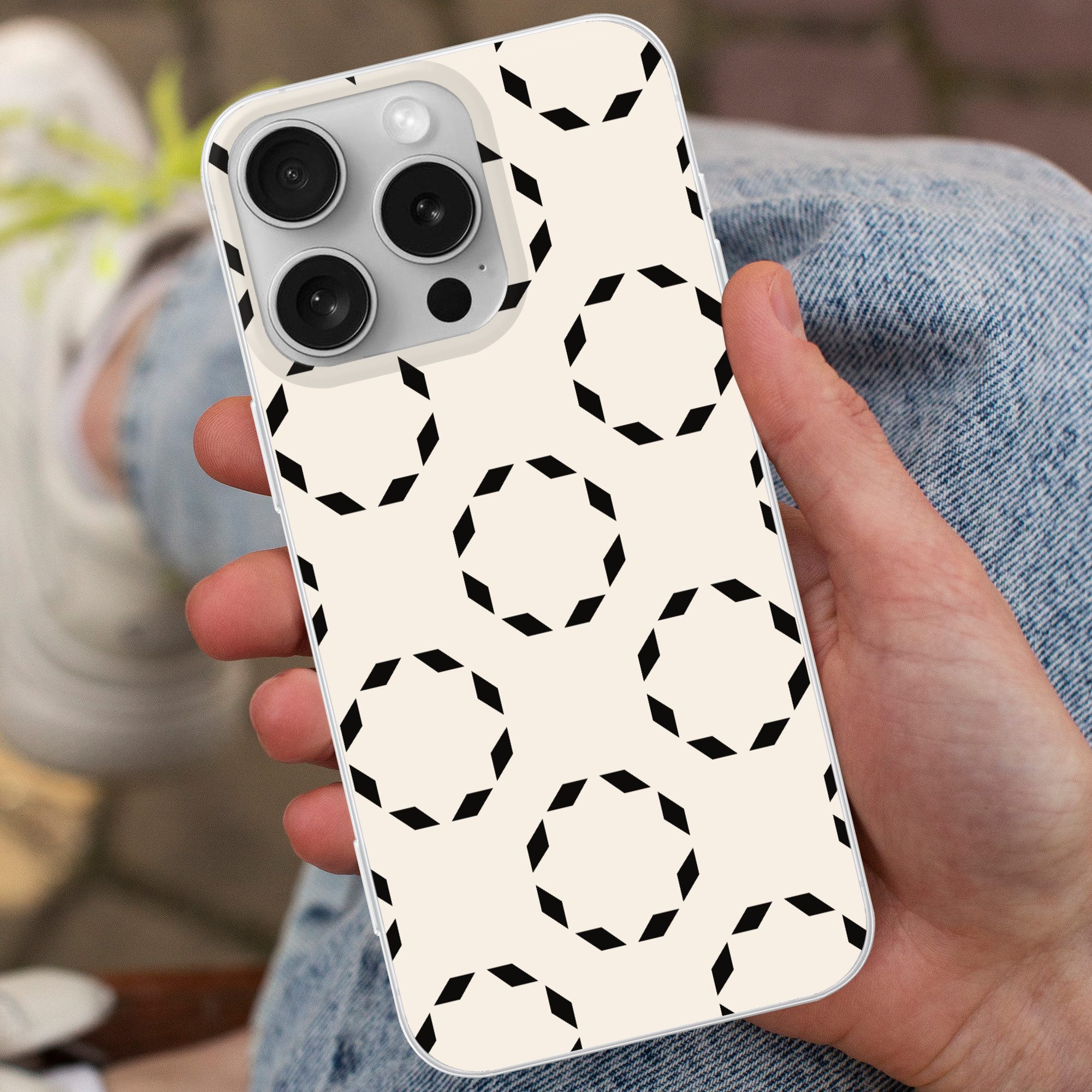 MuchoWow Handyhülle für Apple iPhone 16 Pro Kreise - Muster - Schwarz - Beige - Abstrakt, Smartphone-Bumper, Print, Handy Schutzhülle Dünn