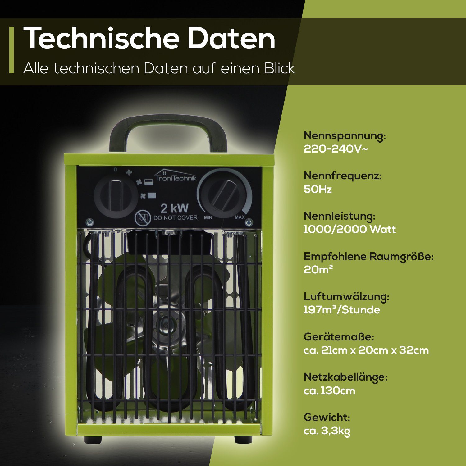 TroniTechnik Heizlüfter Industrieheizung, Heizgerät, Schnellheizer TT-EIH-152,Stahlheizelement, 2000 W, zwei Heizstufen, Überhitzungsschutz und Abschaltautomati – Bild 3 von 5