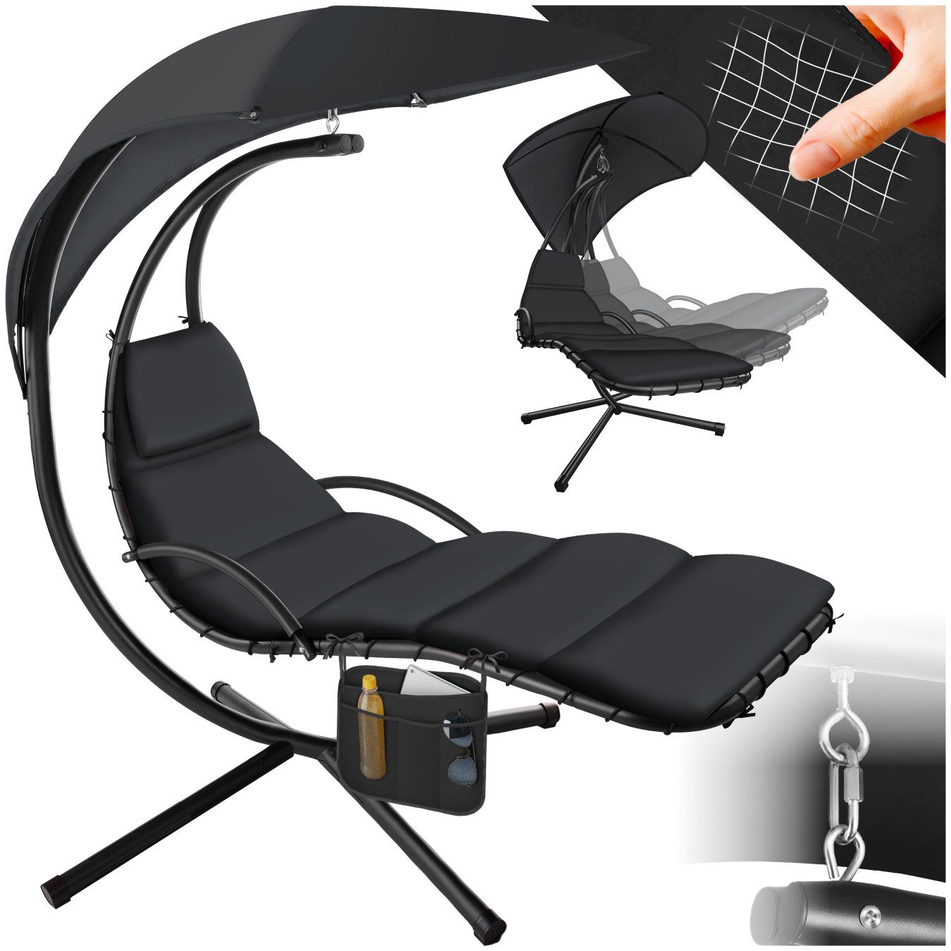 tectake Hängesessel Ergonomische Hängeliege inkl. Seitentasche, 195 x 132 x 197 cm (Hängestuhl mit Gestell Elaria, in Schwarz), großes Sonnendach mit UV-Schutz, stabil und strapazierfähig