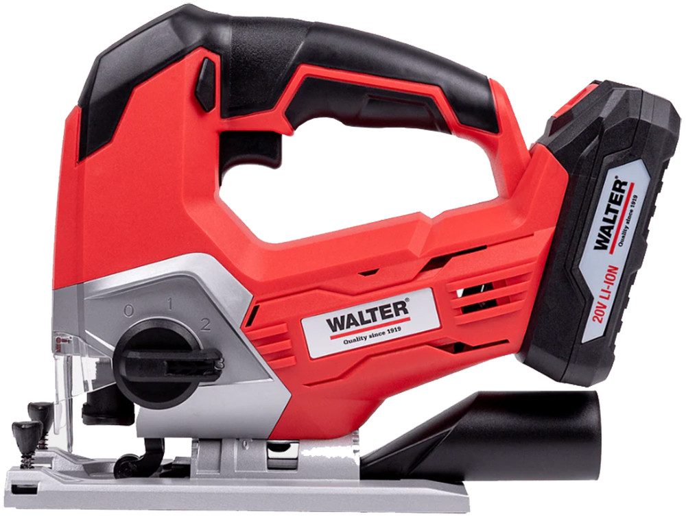 WALTER Akku-Stichsäge 20V Akku Pendelhubstichsäge Stichsäge inkl. Akku (2Ah) und Ladegerät, Stichsäge mit drei Pendelstufen und bis zu 45° neigbarem Sägeschuh