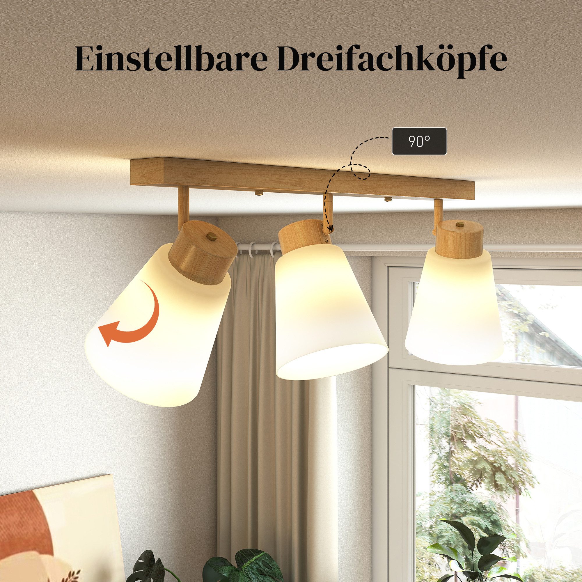 HOMCOM Deckenleuchte LED 40W 3-flammige Deckenlampe, Doppelmontage, verstellbare Köpfe, ohne Leuchtmittel, für Schlafzimmer, Wohnzimmer, Naturholz – Bild 4 von 5