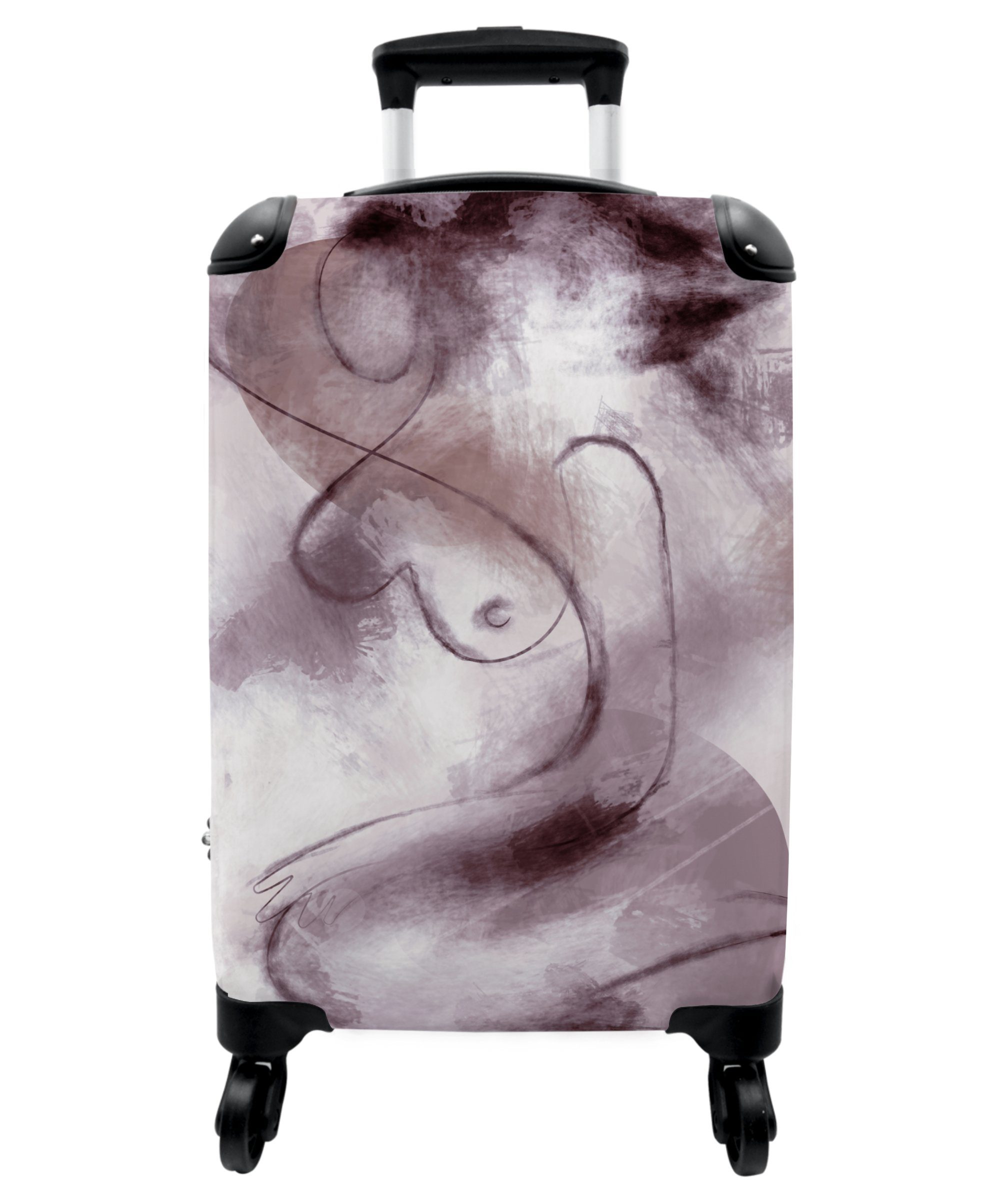 NoBoringSuitcases.com© Handgepäckkoffer 55x35x20cm Frau - Abstrakt - Linienkunst - Porträt - Lila, 4 Rollen, Handgepäck Trolley Rollkoffer Kleine Reisekoffer mit 4 Rollen - Cabin