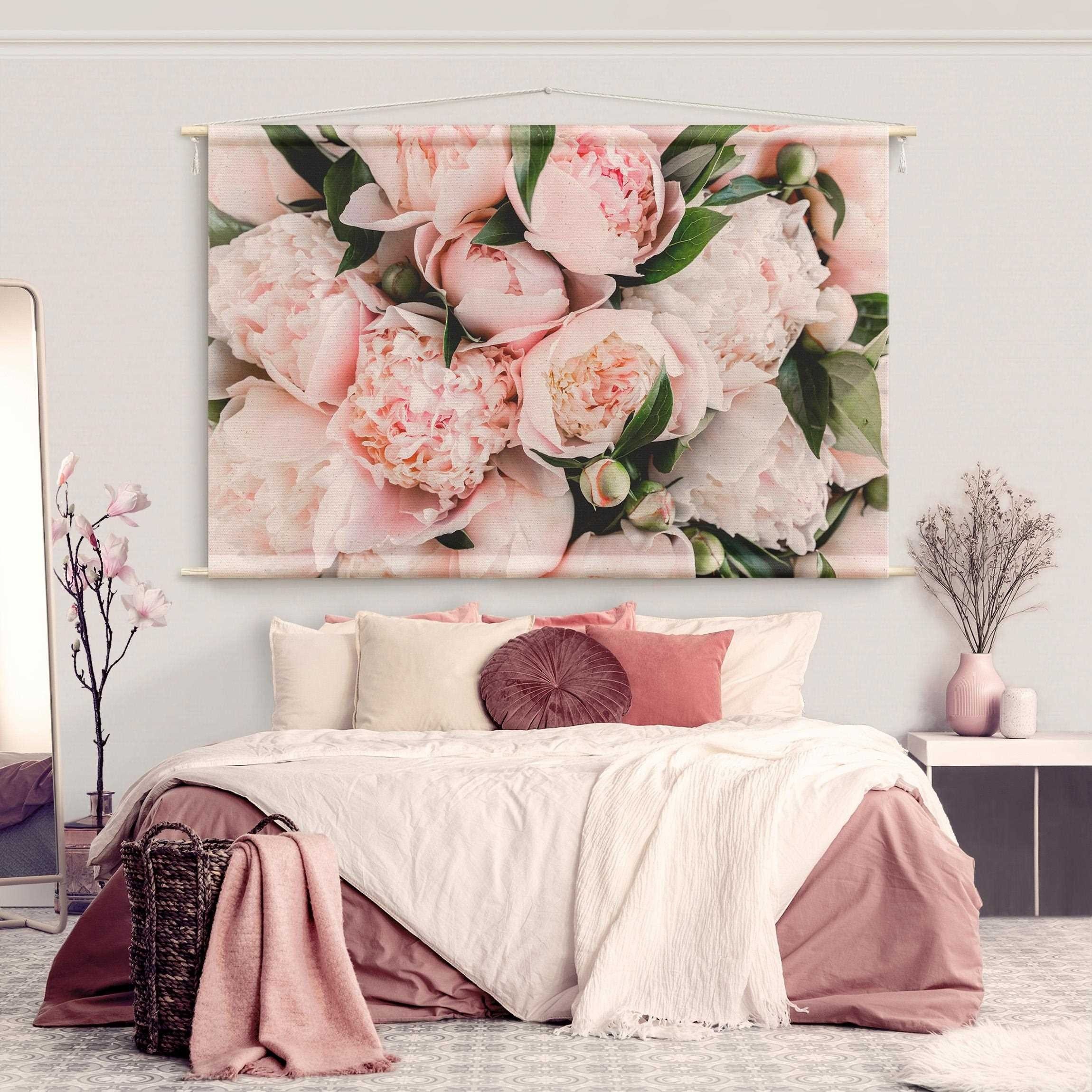 Bilderdepot24 Wandteppich modern Blumen Rosen Landhaus rosa, rechteckig, Höhe: 2.6 mm, großes Wandbild aus Natur-Baumwolle Wandbehang Stoffbild Tuch Wollseil