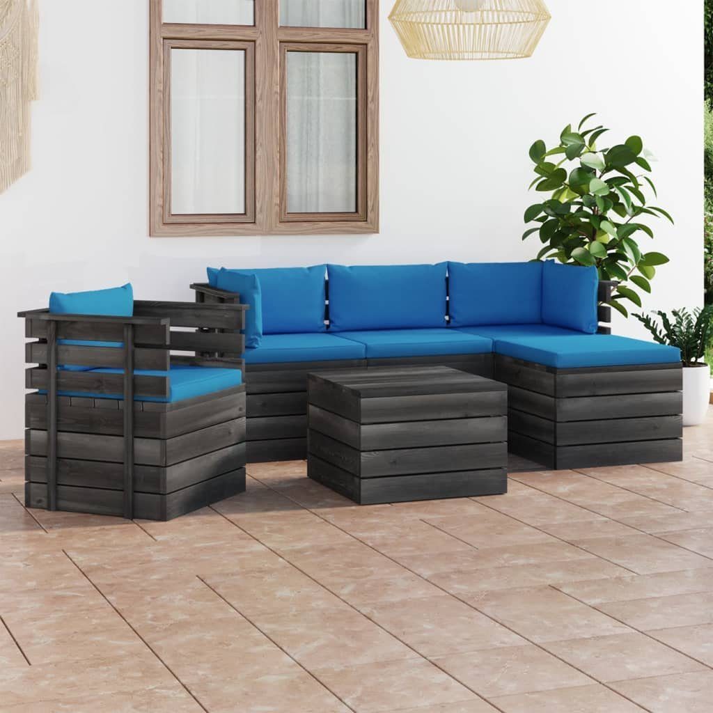 vidaXL Gartenlounge-Set 6-tlg. Garten-Sofagarnitur aus Paletten mit Kissen Kiefernholz, (6-tlg) Hellblau