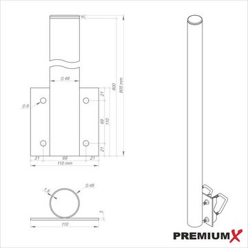 PremiumX Balkonhalter 80cm Ø 48mm Stahl Mast Geländer SAT Mast-Verlängerung SAT-Halterung