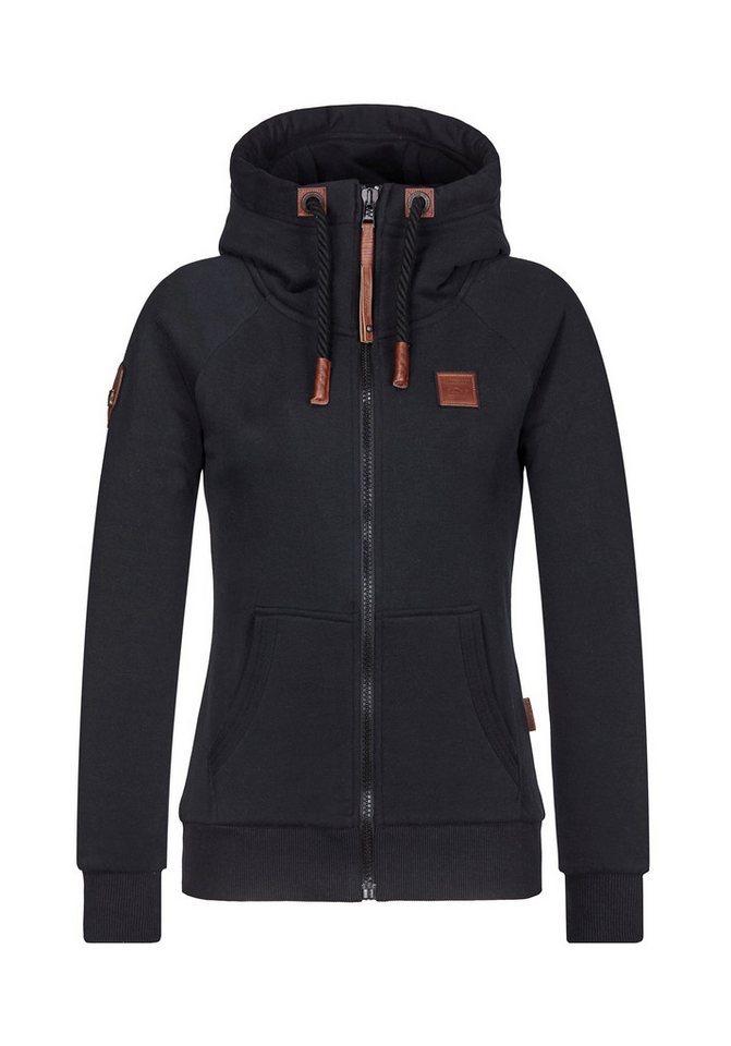naketano Sweatjacke Damen mit Kapuze, Kängurutasche, tailliert, melierte Sweatware, Raglan Kordelzug, Rippbündchen, Kunstleder-Logo, casual, Streetwear, Langarm