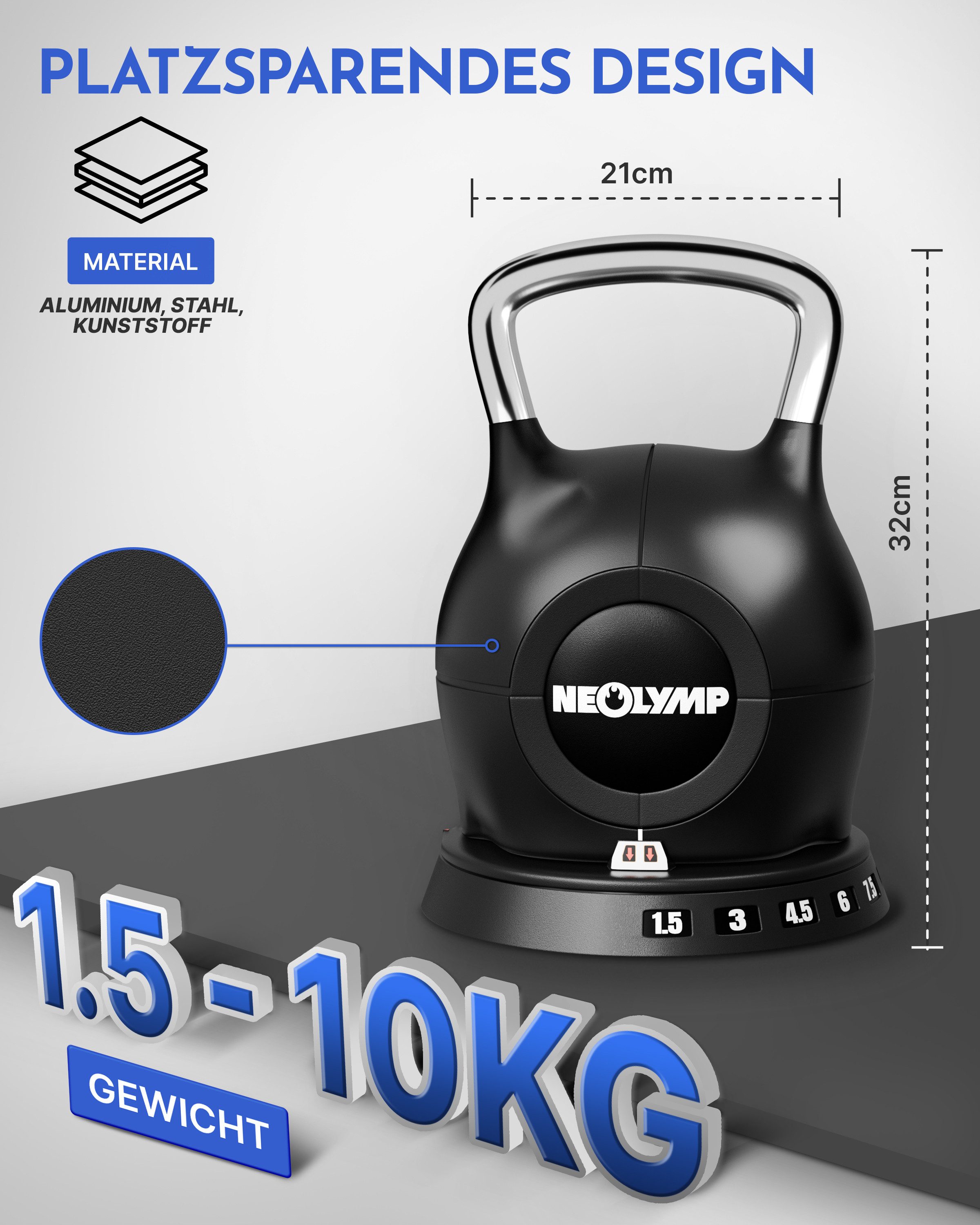 NEOLYMP Kettlebell Kettlebell Set 1,5-20 kg - 7-in-1 Kettlebell verstellbar - Kugelhantel, (7-in-1 Kettlebell verstellbar mit robustem Edelstahl-Handgriff)