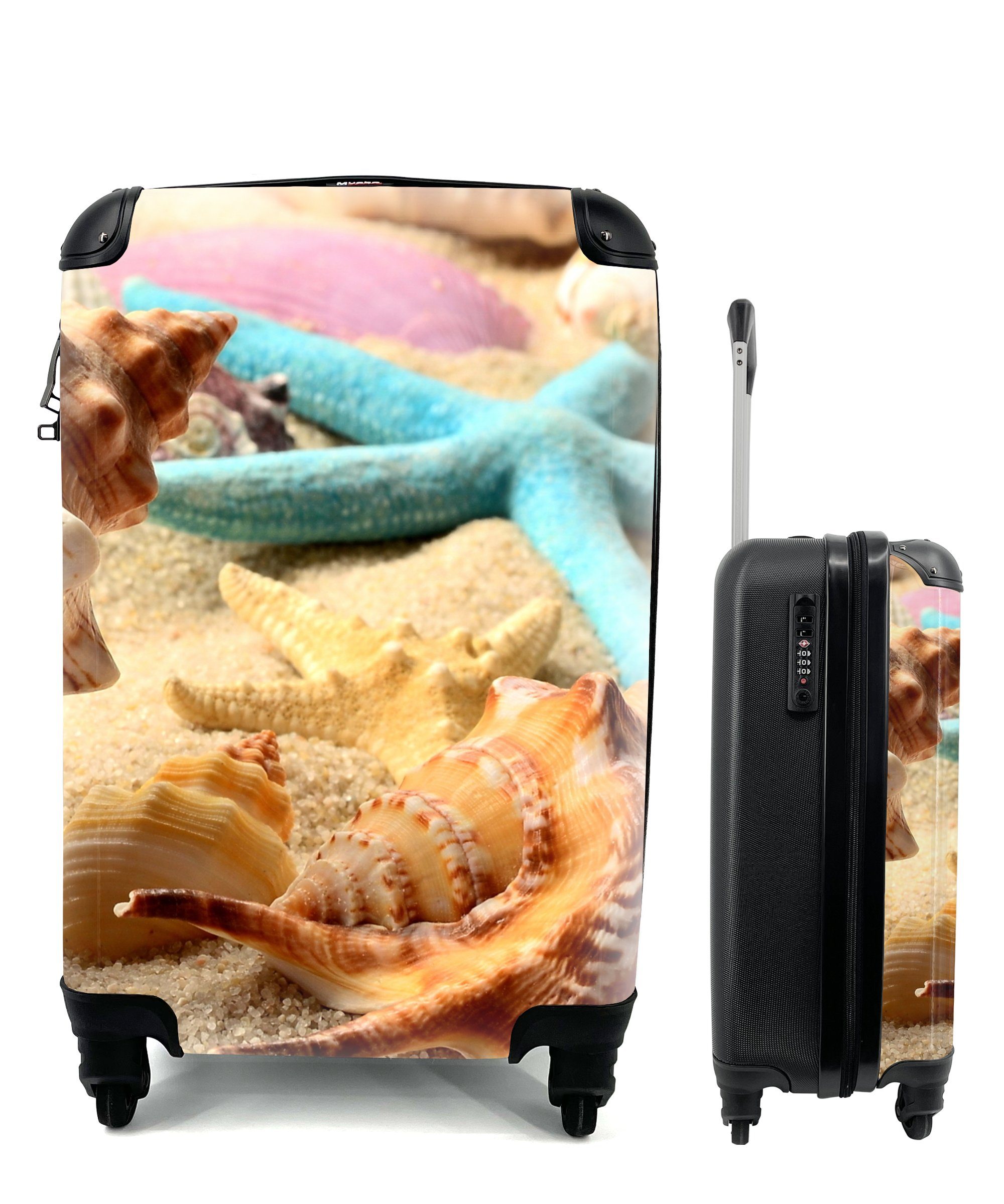 für Ferien, - Handgepäck - MuchoWow Seesterne Muscheln Rollen, - Sand Reisetasche mit Trolley, Handgepäckkoffer rollen, Strand, 4 Reisekoffer