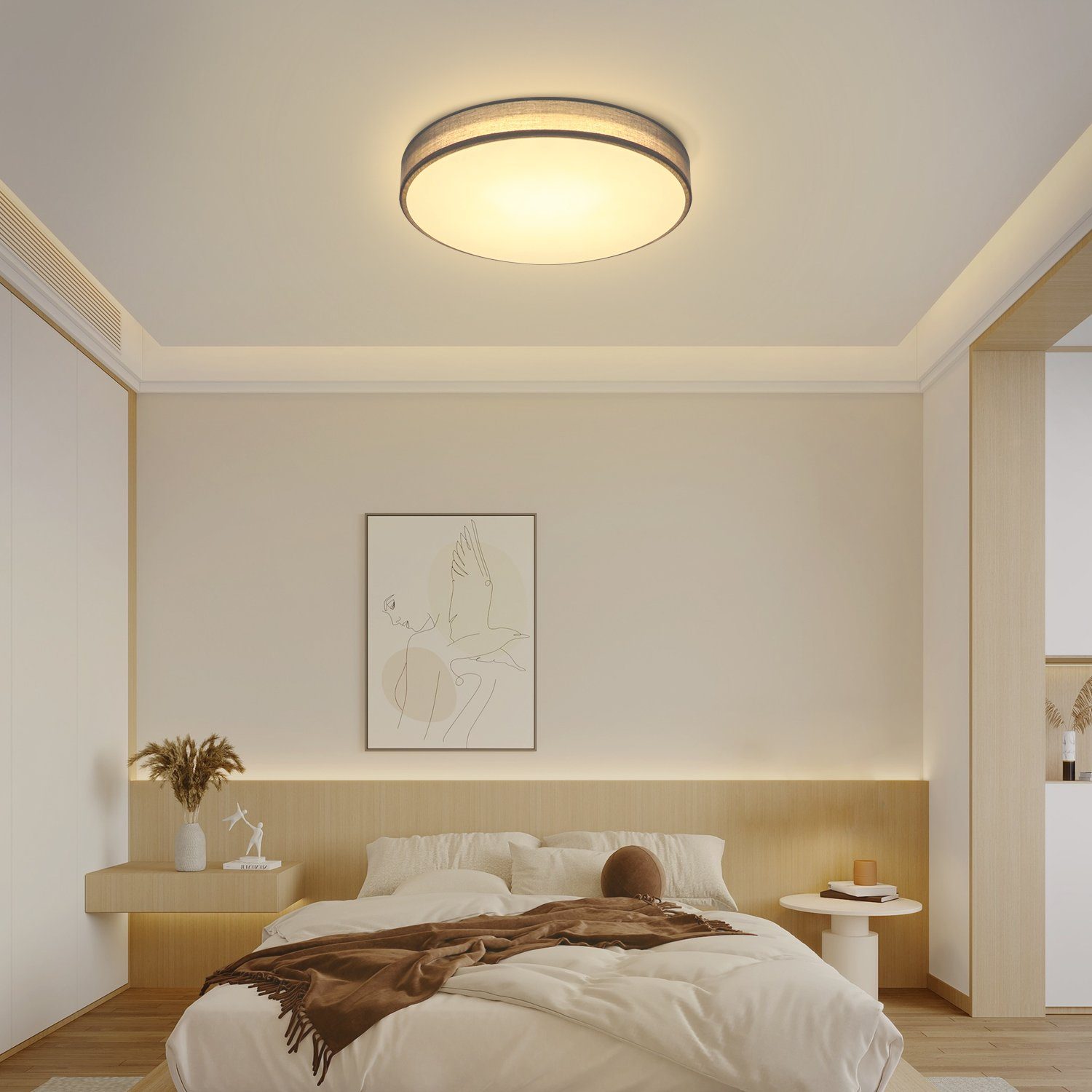 Deckenlampe Schlafzimmer für flimmerfreien, Modern Grau Rund Schirm integriert, 30CM 12W, fest Stoff Deckenleuchte LED Wohnzimmer Nettlife