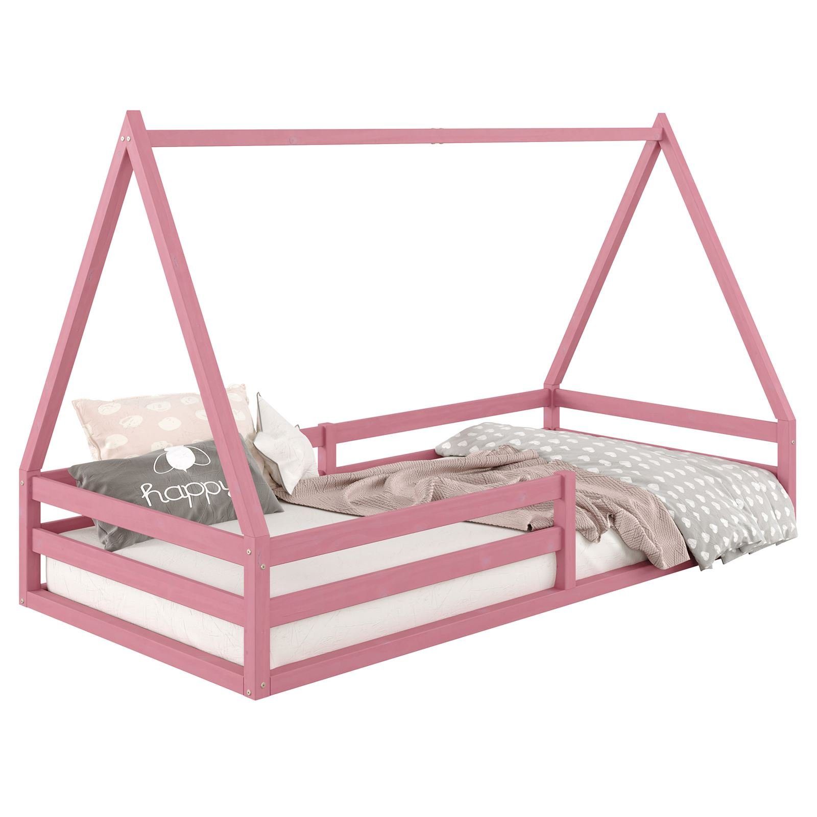 IDIMEX Kinderbett SILA, Hausbett Tipibett Tipi Bett Montessori Bett Kiefer 90 x 200 Kinderbett rosa