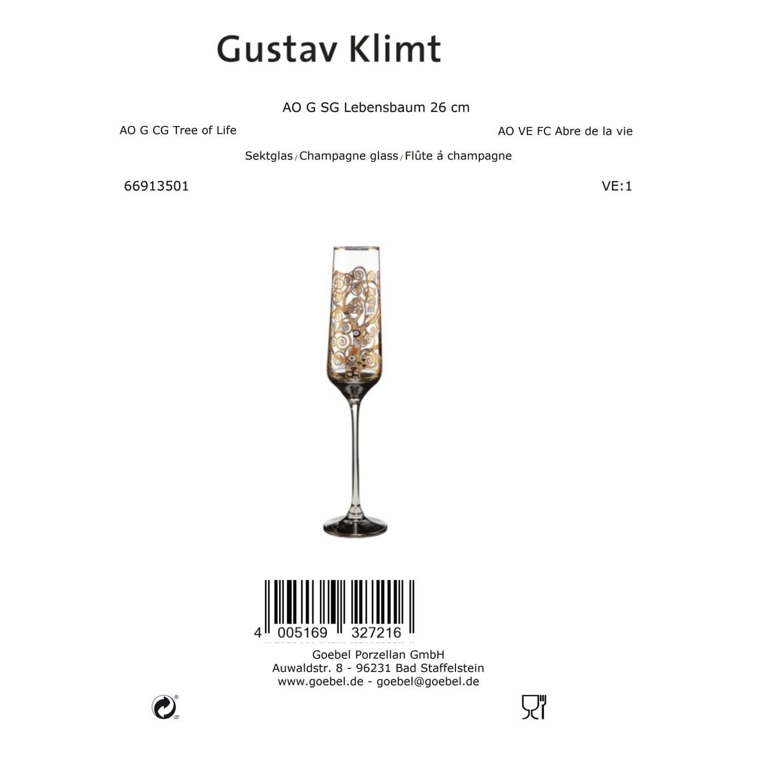 Goebel Sektglas Gustav Klimt, Glas, Echtgolddekor, Gold, Der Lebensbaum, H: 26cm