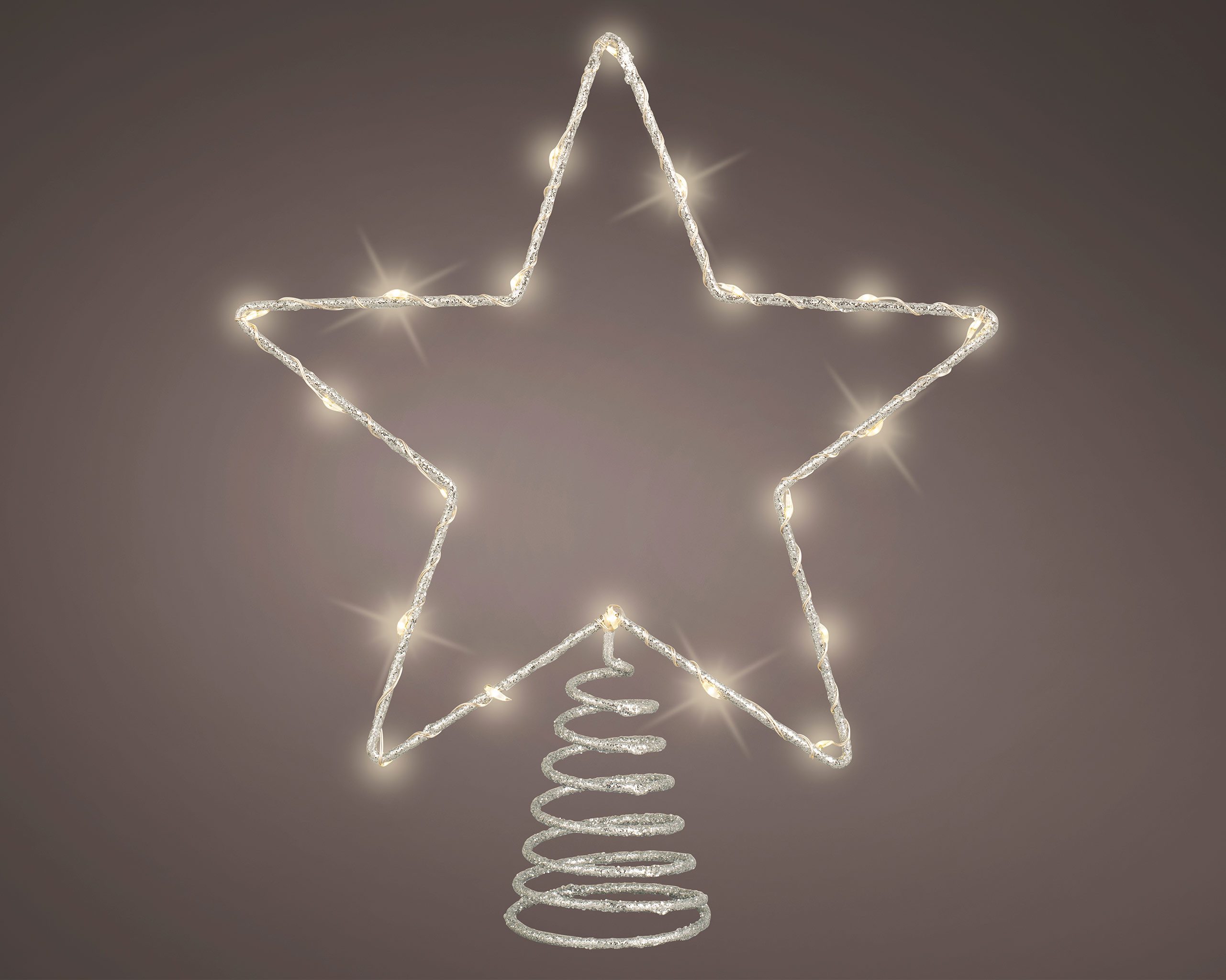 Lumineo Christbaumspitze, LED Christbaumspitze Stern mit Timer 27cm Metall Silber / Warmweiß