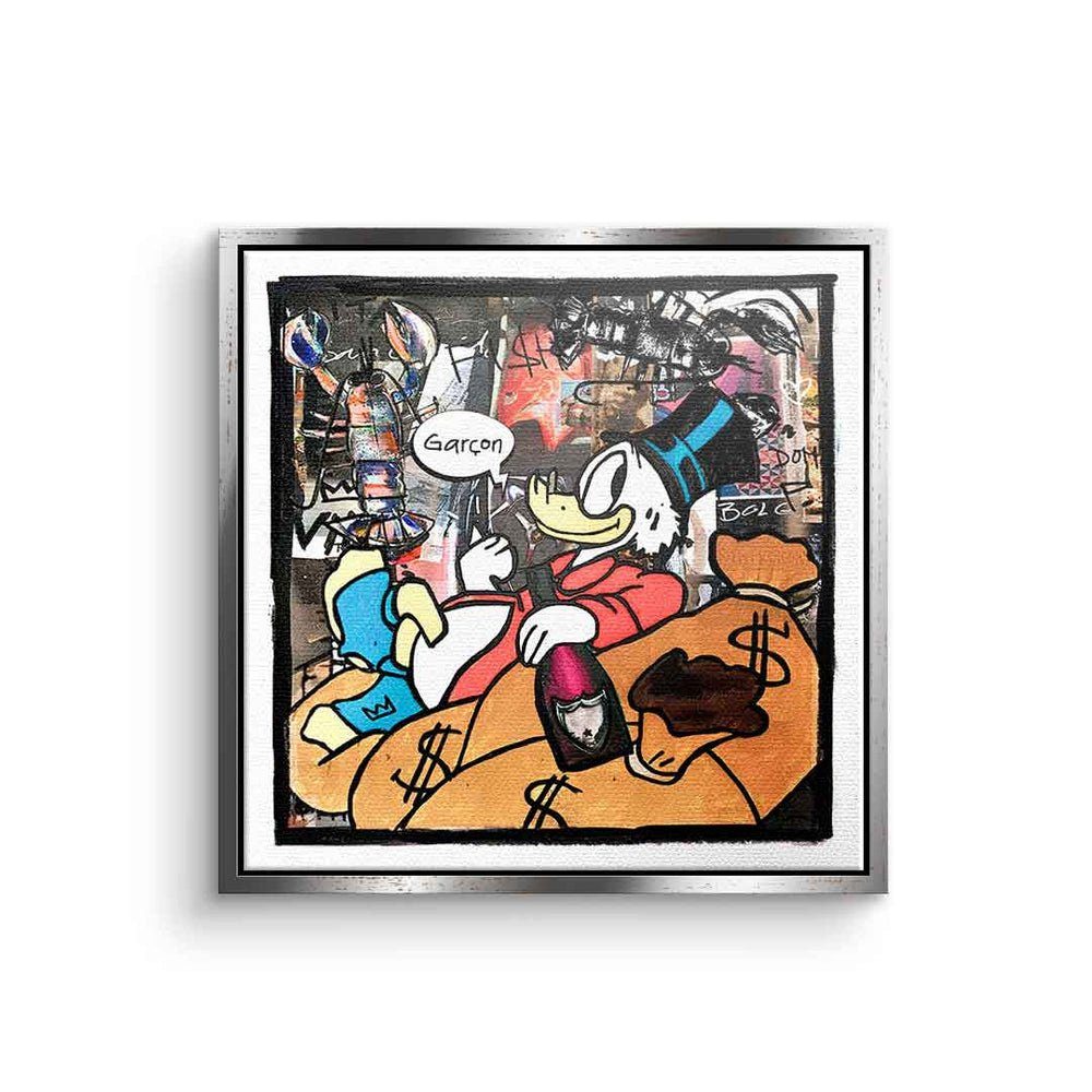 DOTCOMCANVAS® Leinwandbild, Leinwandbild Pop Art Dagobert Duck Lobster Life Geld money hustle mit silberner Rahmen