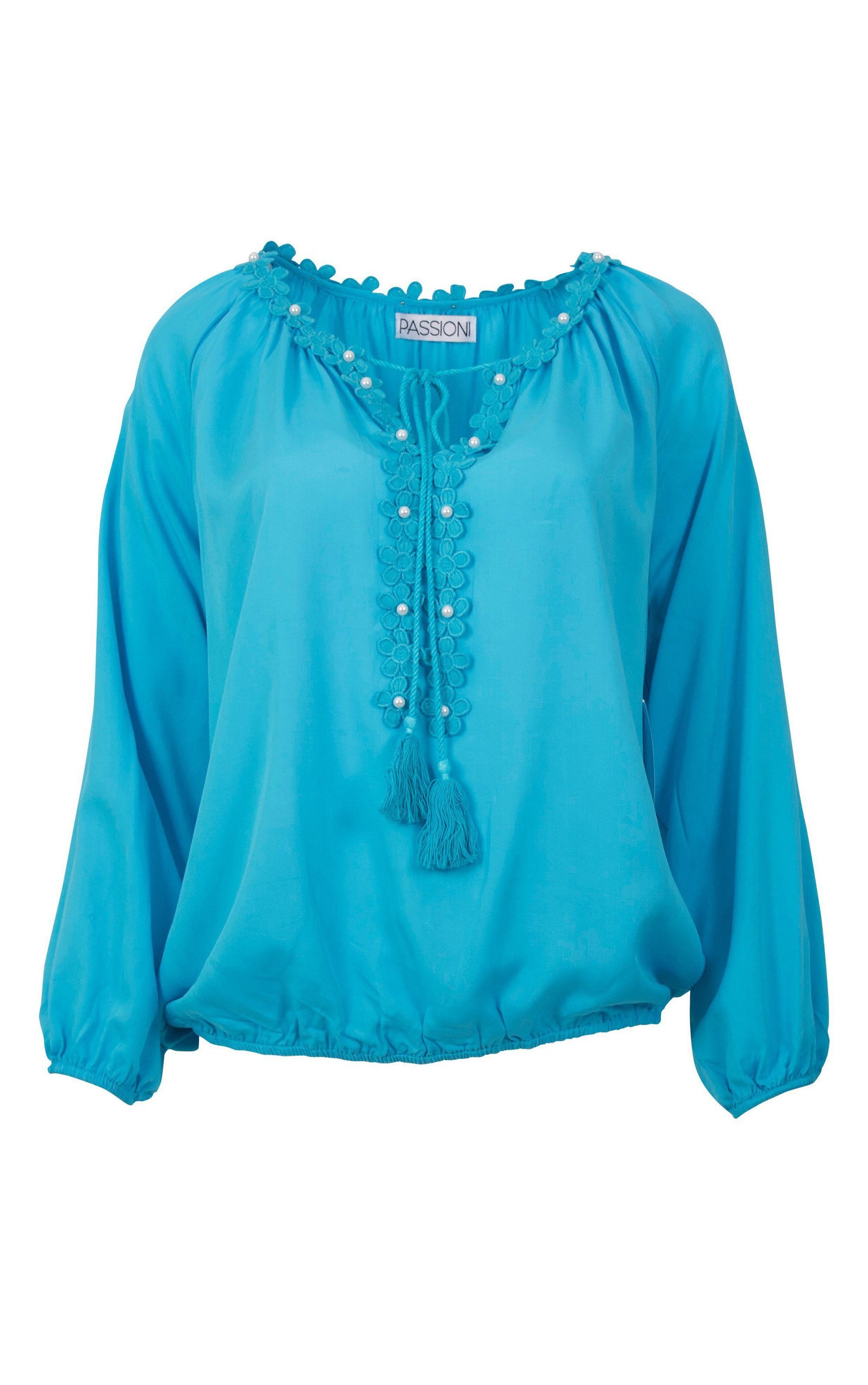 Passioni Langarmbluse Sommerliche Bluse mit Blumen-Applikationen Perlen Ver günstig online kaufen
