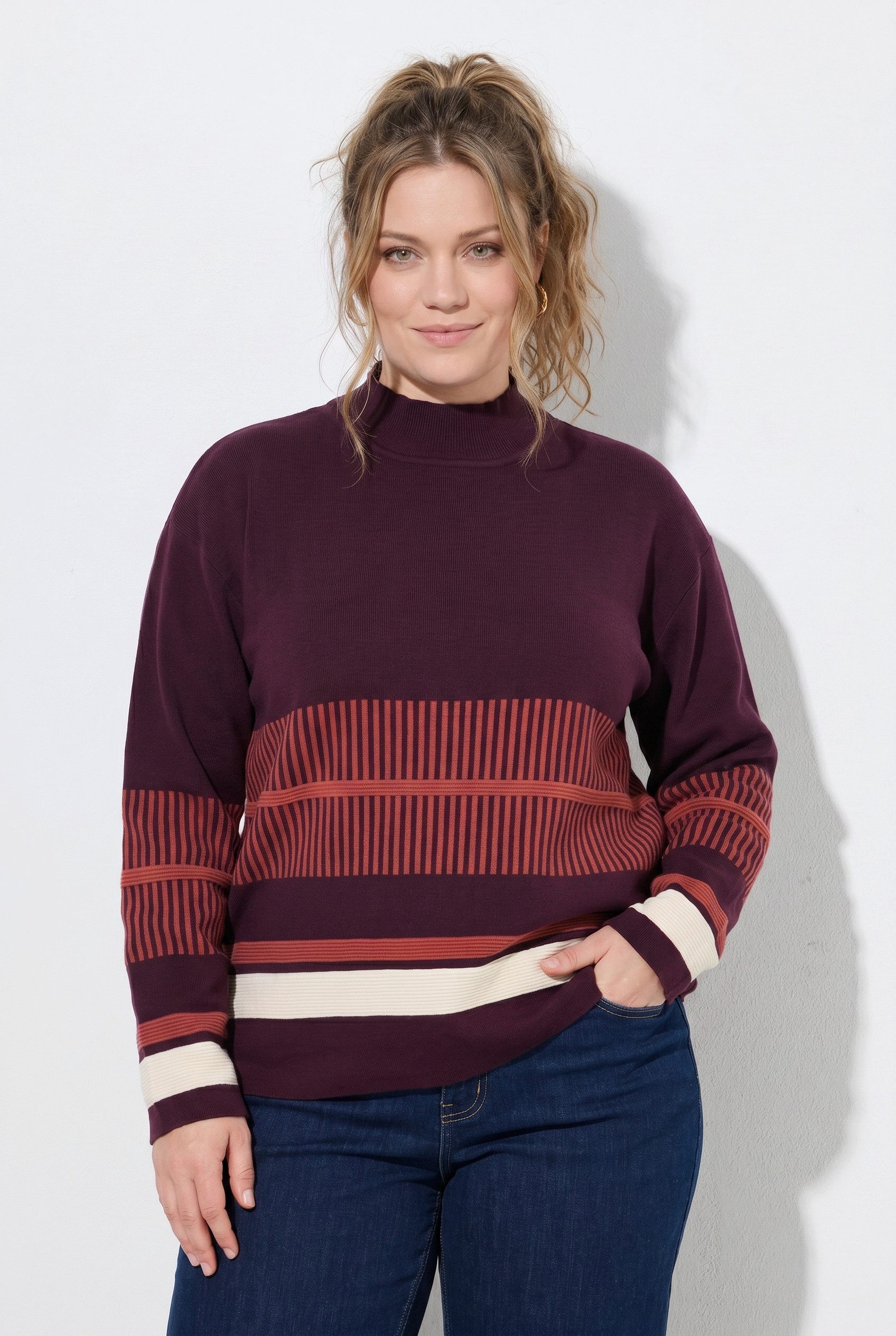 Ulla Popken Strickpullover Pullover Streifen Stehkragen Langarm Biobaumwolle