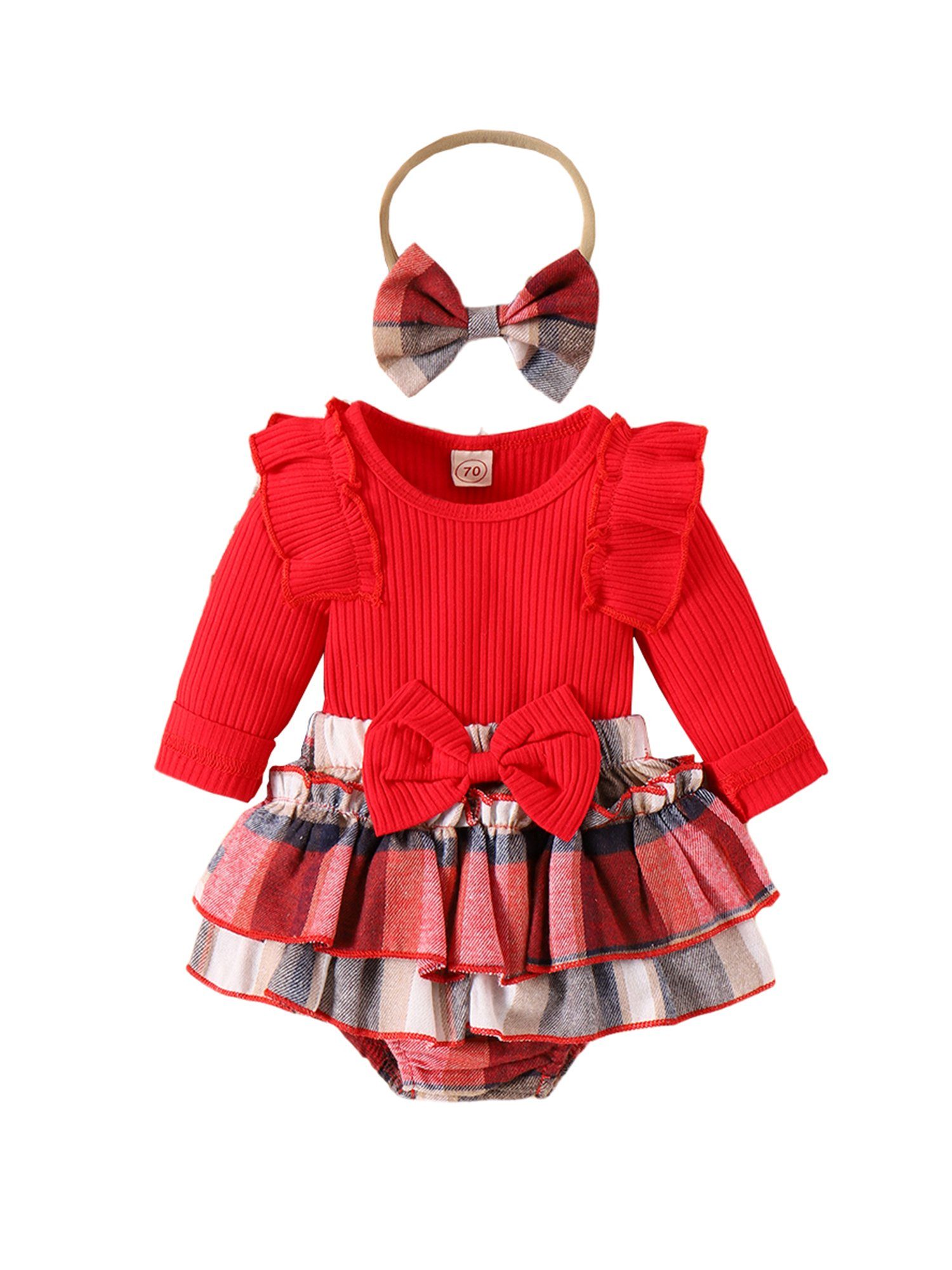 3-tlg) Mädchen Baby Strampler, Haarband Dreiteiliges Dreiecksshorts Herbst-Langarmset Rot für (Set, LAPA und Einfarbiger Strampler