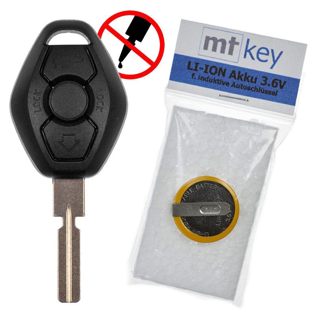 mt-key Auto Schlüssel Ersatz Gehäuse 3 Tasten + HU58 Rohling + LIR2025 Akku Knopfzelle, LIR2025 (3,6 V), für BMW E46 E83 E52 E85 E86 E39 E61 E60 E53 Funk Fernbedienung