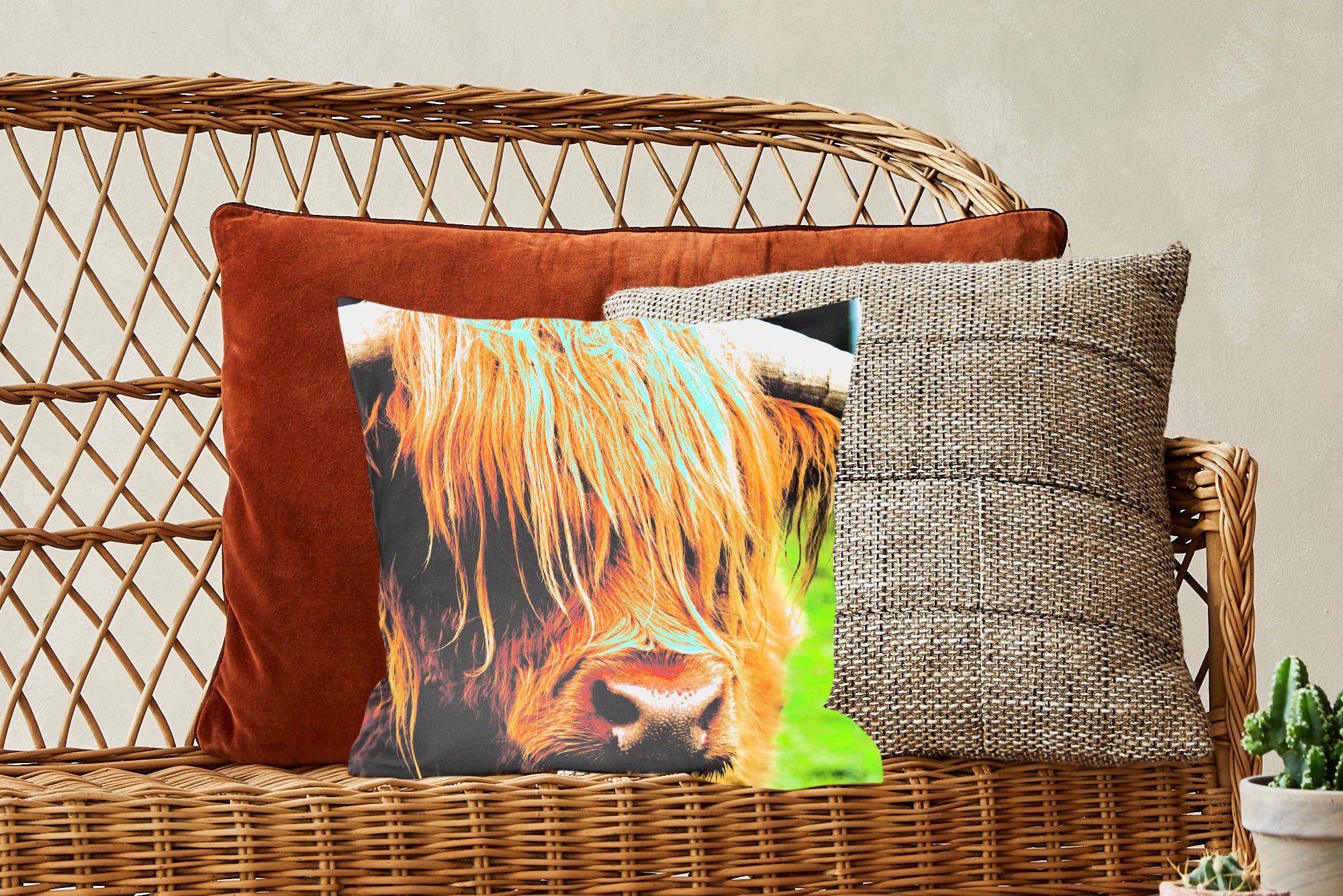 Kuh, Wohzimmer, Dekokissen Schottischer Füllung Gras Fell Schlafzimmer, Sofakissen Tiere Zierkissen Deko, für - Highlander - - mit - MuchoWow