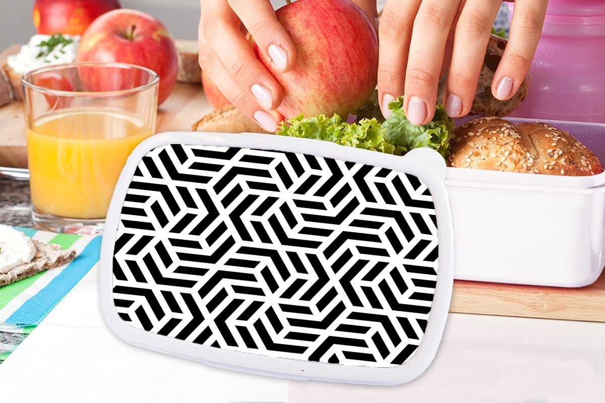 MuchoWow Lunchbox Design - und - (2-tlg), Jungs Mädchen Muster Geometrie Brotdose, für Kunststoff, - Brotbox Schwarz Kinder für Erwachsene, Weiß, - und