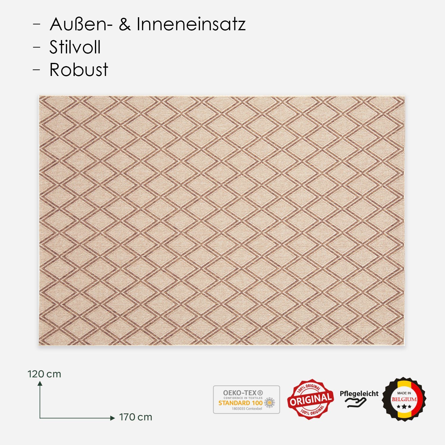 DomDeco Outdoorteppich In- & Outdoor Teppich UMAR, Serie "Noma", Braun, 120 x 170 cm, Rechteckig, Wetterfest & UV-beständig, schimmelresistent
