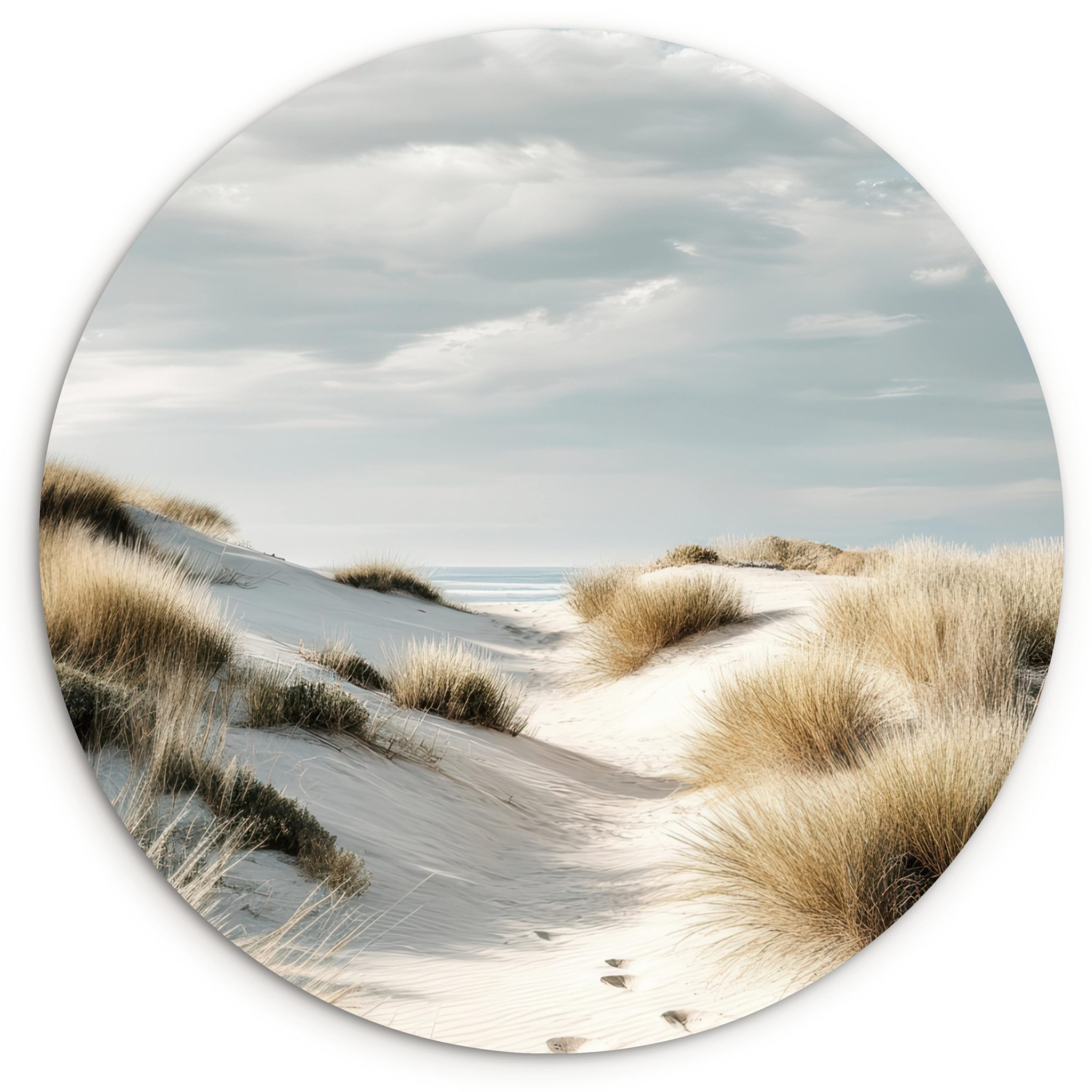 MuchoWow Gemälde Dünen - Gras - Spuren - Wolken, Fotodruck (1 St), Kreis Wanddekoration, Rundes Wandbild, 30x30 cm
