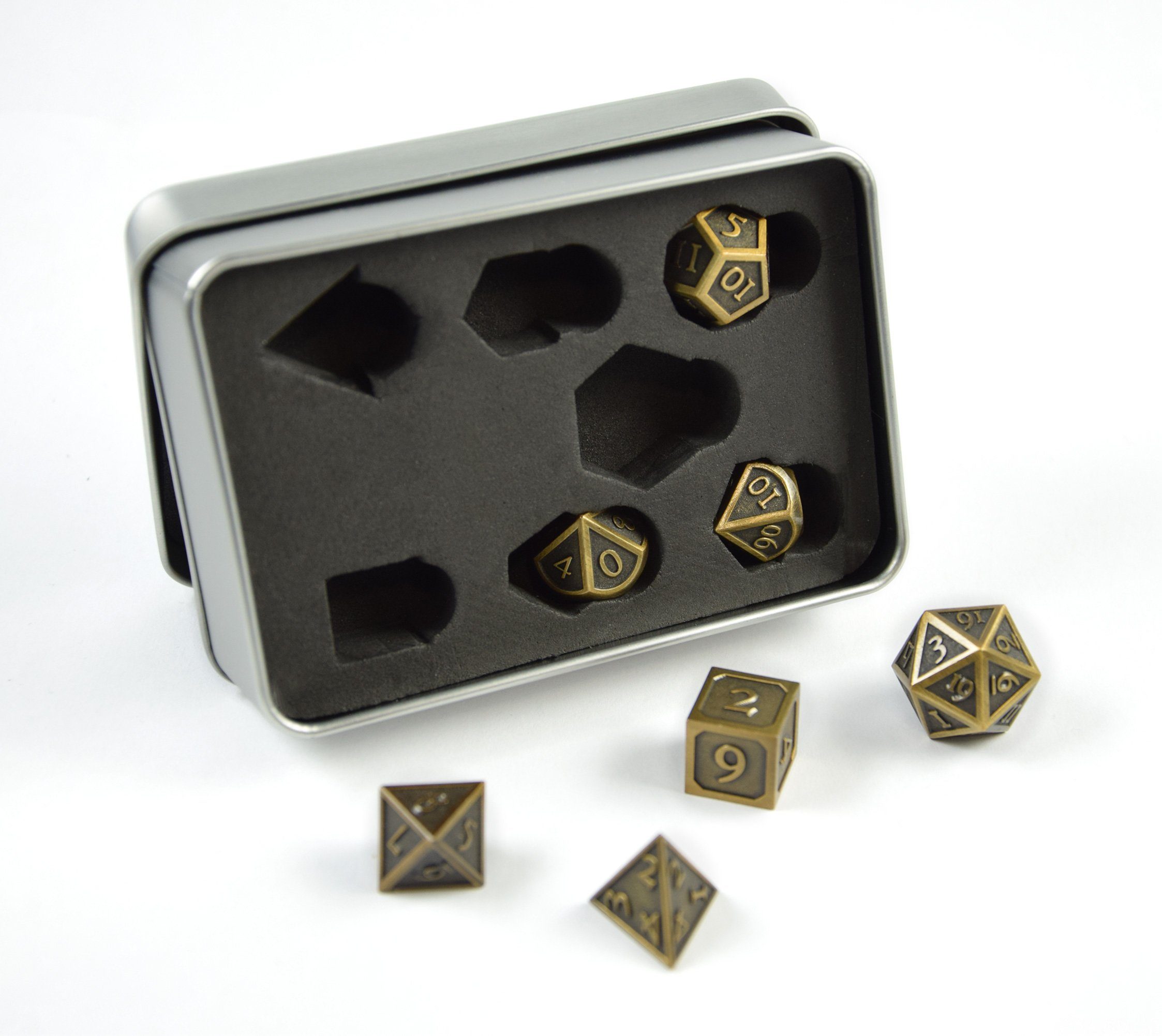 SHIBBY Spielesammlung, 7 polyedrische Metall-DND-Würfel in Steampunk Optik, inkl. Aufbewahrungsbox Gold