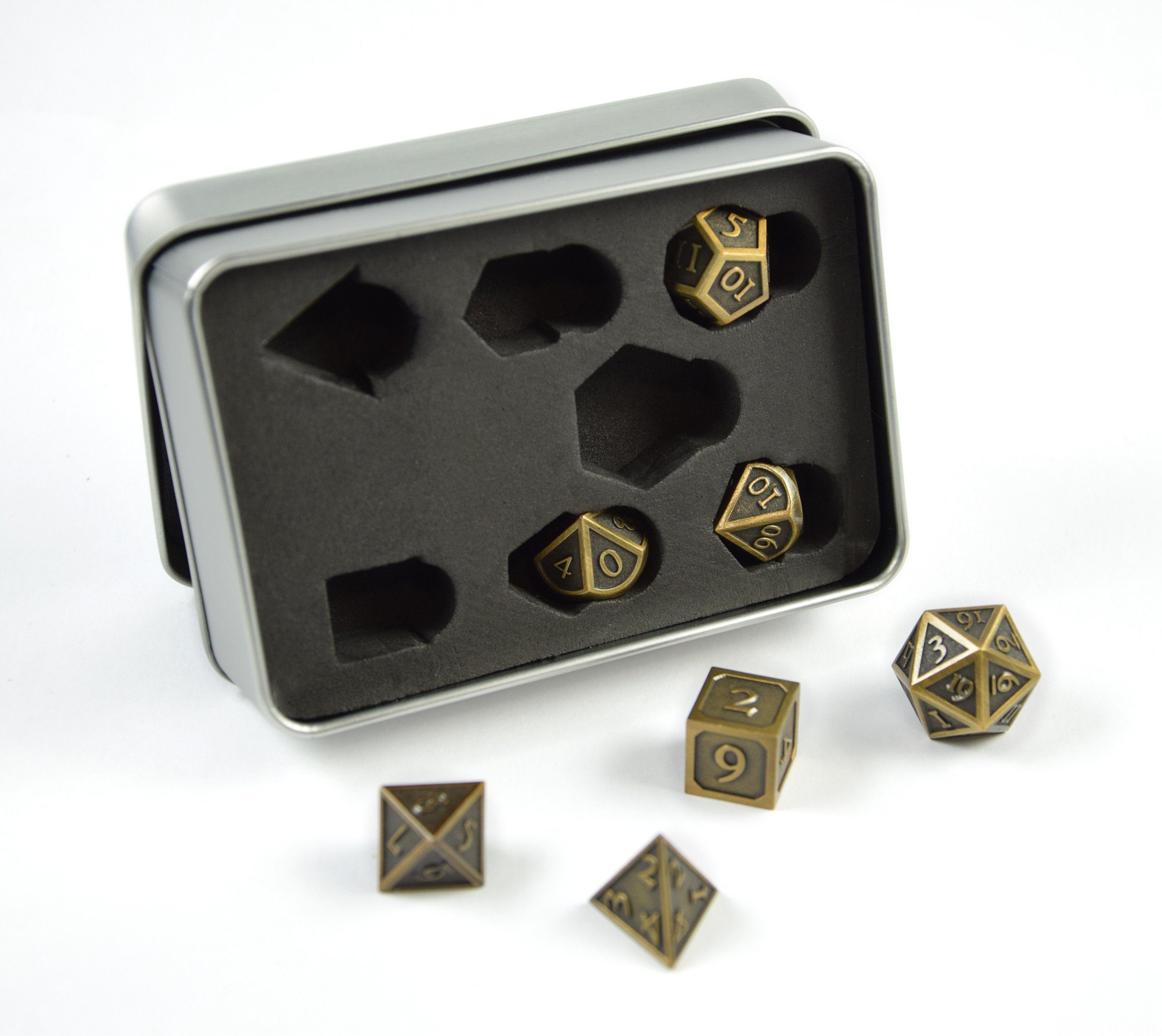 SHIBBY Spielesammlung 7 polyedrische Metall-DND-Würfel in Steampunk Optik, inkl. Aufbewahrungsbox