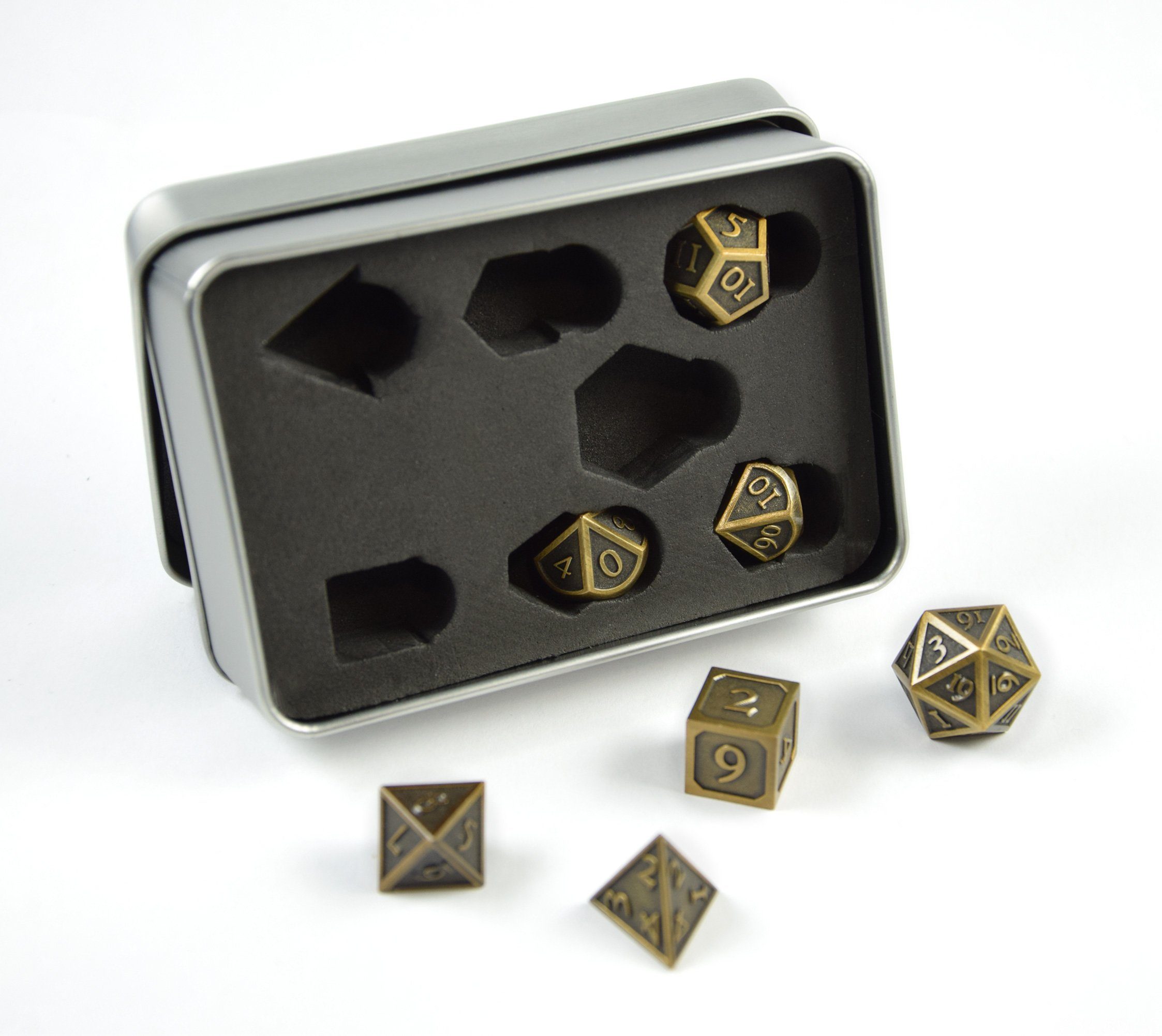 SHIBBY Spielesammlung, 7 polyedrische Metall-DND-Würfel in Steampunk Optik, inkl. Aufbewahrungsbox