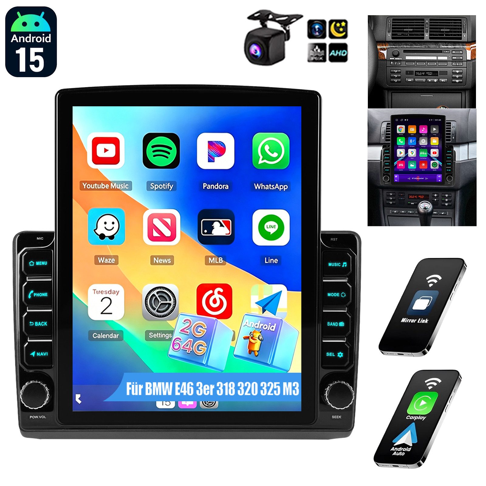 ESSGOO 9.7'' Carplay Für BMW E46 3er 318 320 325 M3 Autoradio Android 15 GPS Autoradio (RDS, 4+64GB(optional), Digitalradio (DAB), FM, USB- und Type-C, Carplay Android Auto Bluetooth EQ USB GPS Navi WIFI Touchscreen)