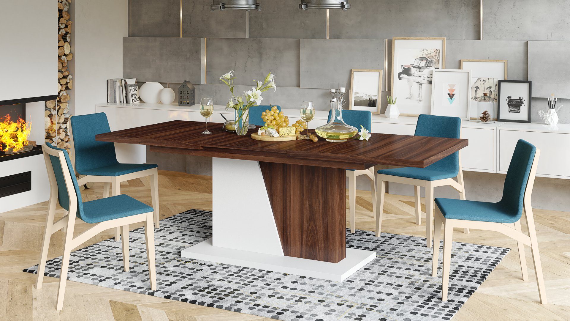 Mazzoni Esstisch Design Esstisch Tisch Noble Noir ausziehbar 160 bis 218 cm Nussbaum - Weiß matt