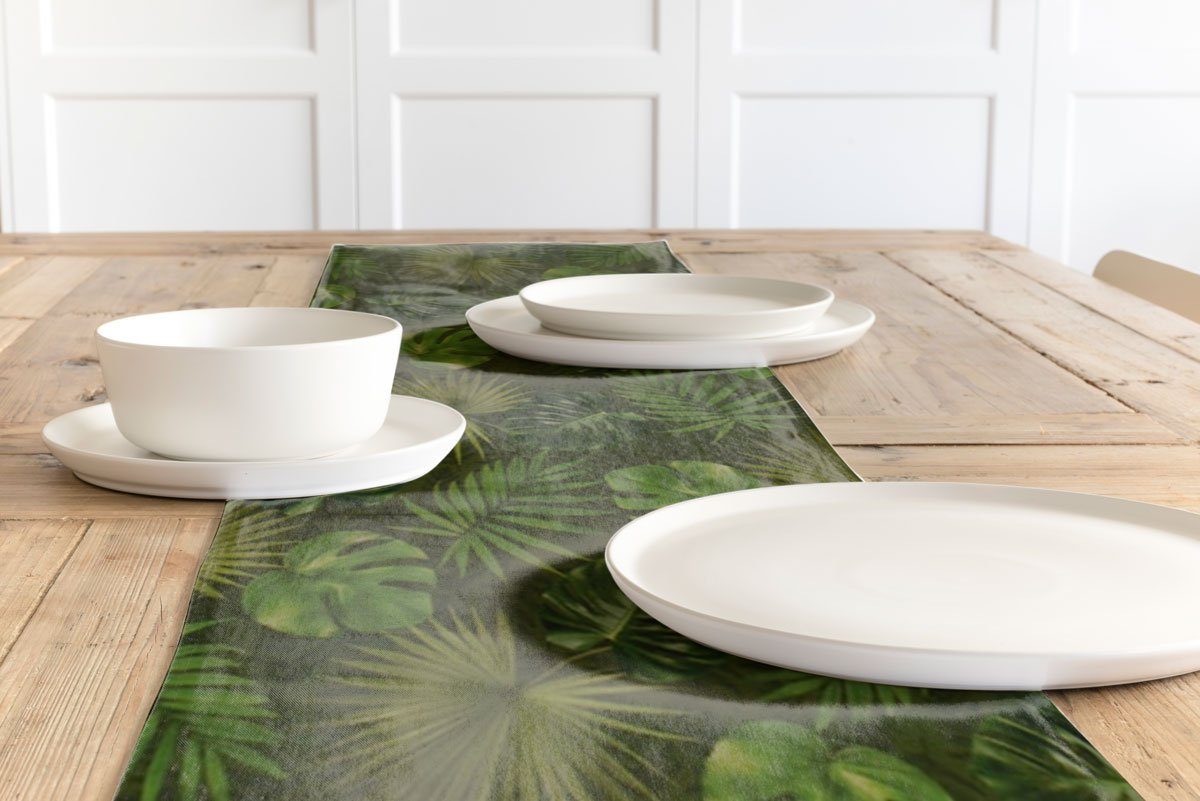 SCHÖNER 40x160cm, LEBEN. handmade SCHÖNER Tischläufer Outdoor Tischläufer LEBEN. Palmen Blätter grün