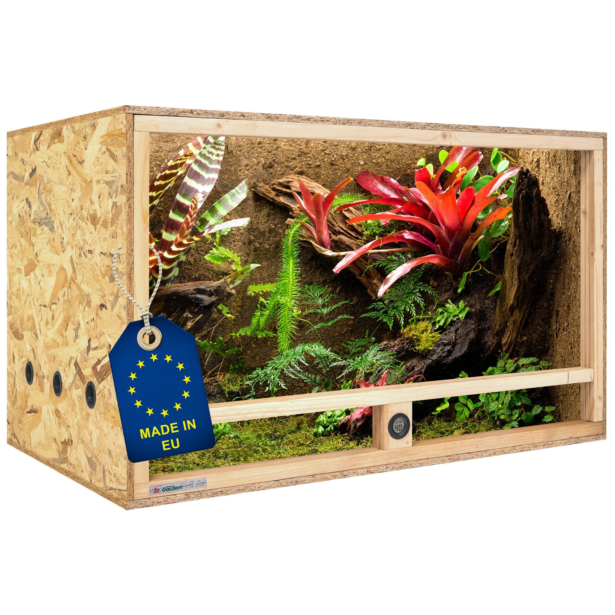 ITA Terrarium Holz Terrarium 120х60х60 mit Seitenbelüftung & Integriertem Hygrometer, Holzterrarium aus OSB - Terrarien für Reptilien, Schlangen, Amphibien