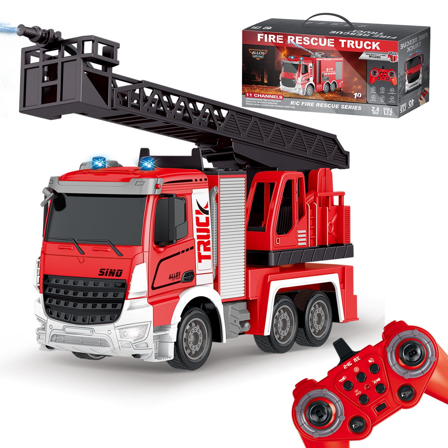 RC-Auto Spielzeug Feuerwehrauto, Feuerwehr Auto mit Drehleiter, Spritzfunktion