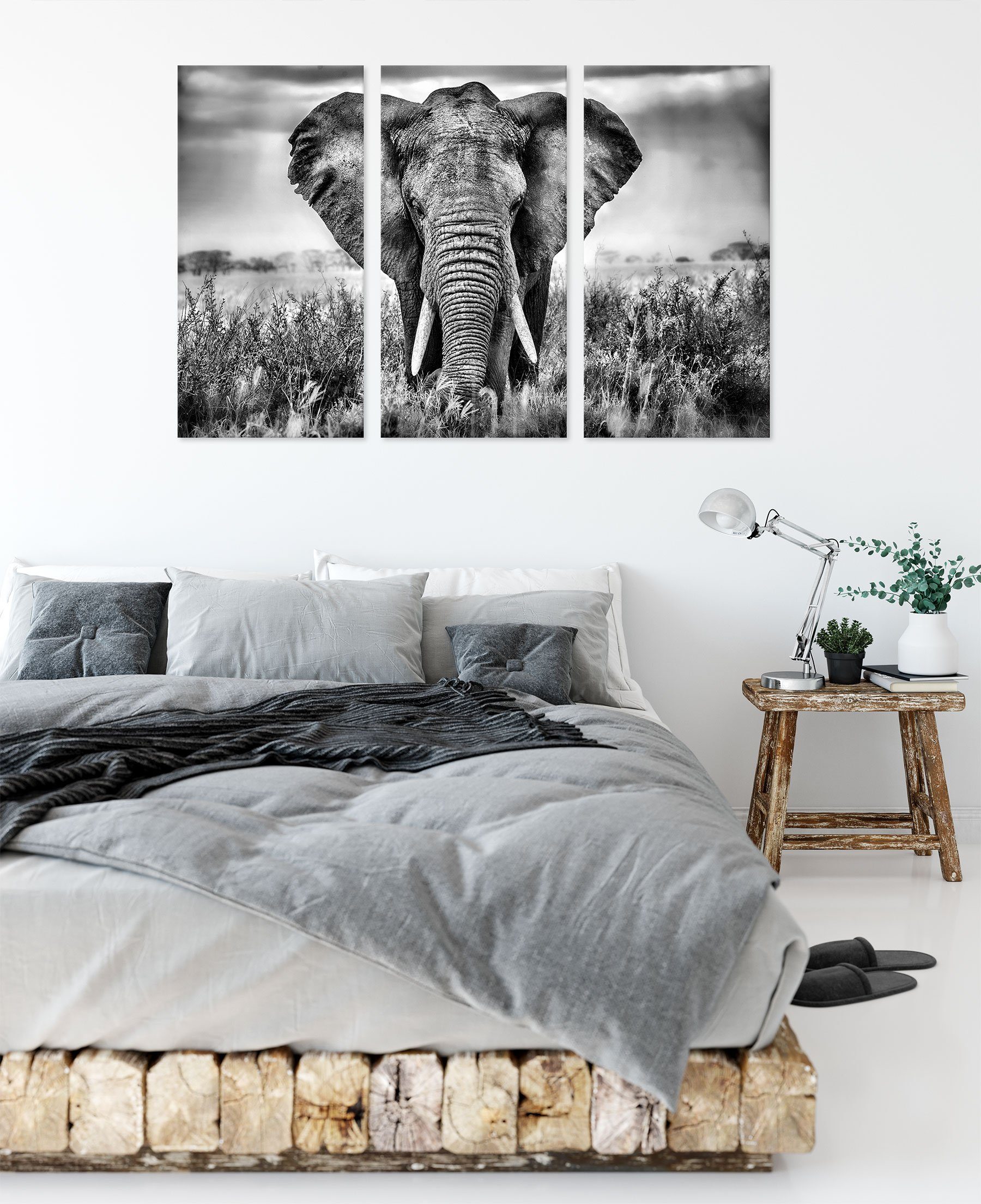 inkl. Elefant fertig Pixxprint Elefant, Imposanter (120x80cm) (1 Leinwandbild 3Teiler Imposanter bespannt, Leinwandbild St), Zackenaufhänger