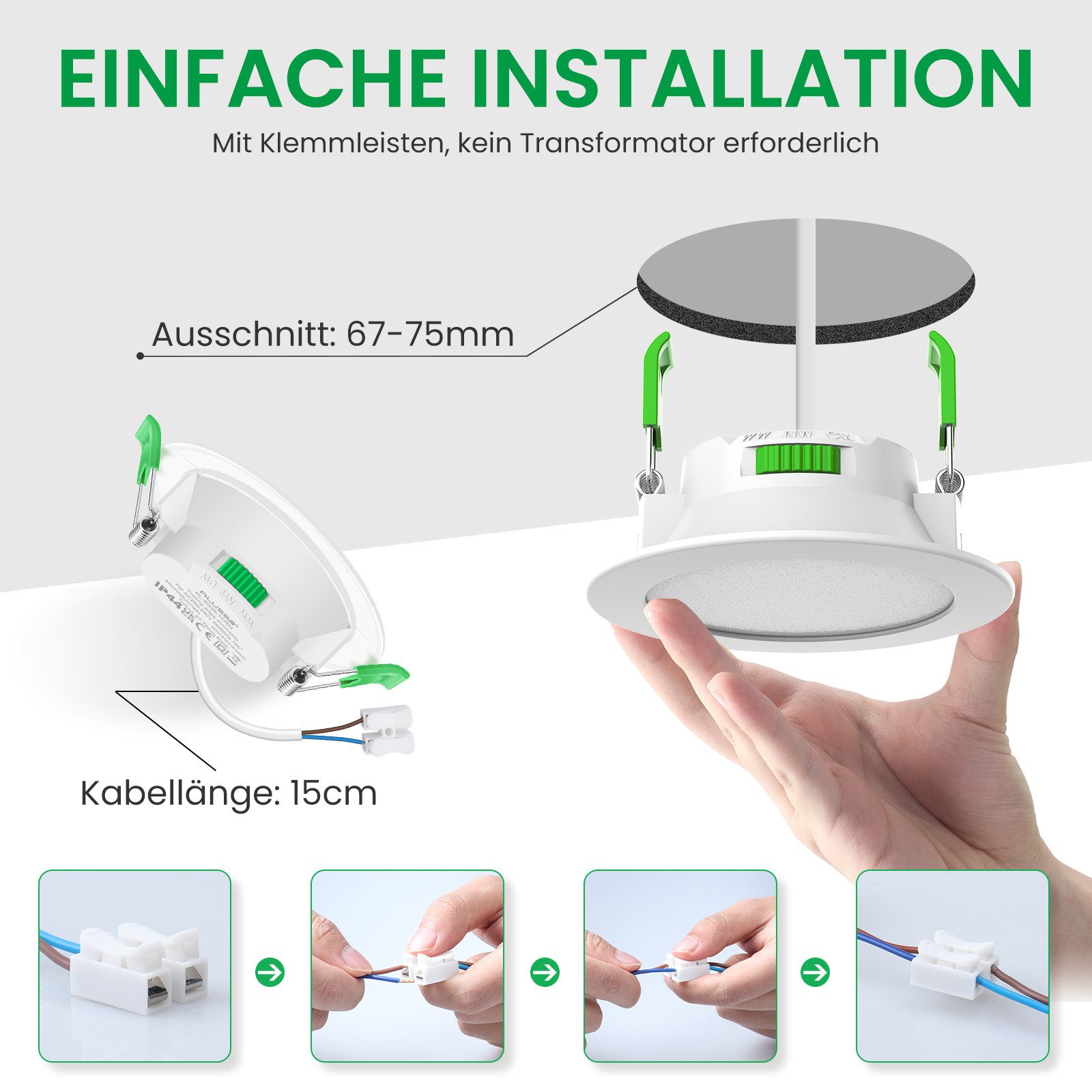 ALUSSO LED Einbaustrahler 6er-Set, 7W Decken Leuchte, 68mm Flach Strahler Dimmbar Spot, Helligkeit von 10 % bis 100 %, Rund, Weiß