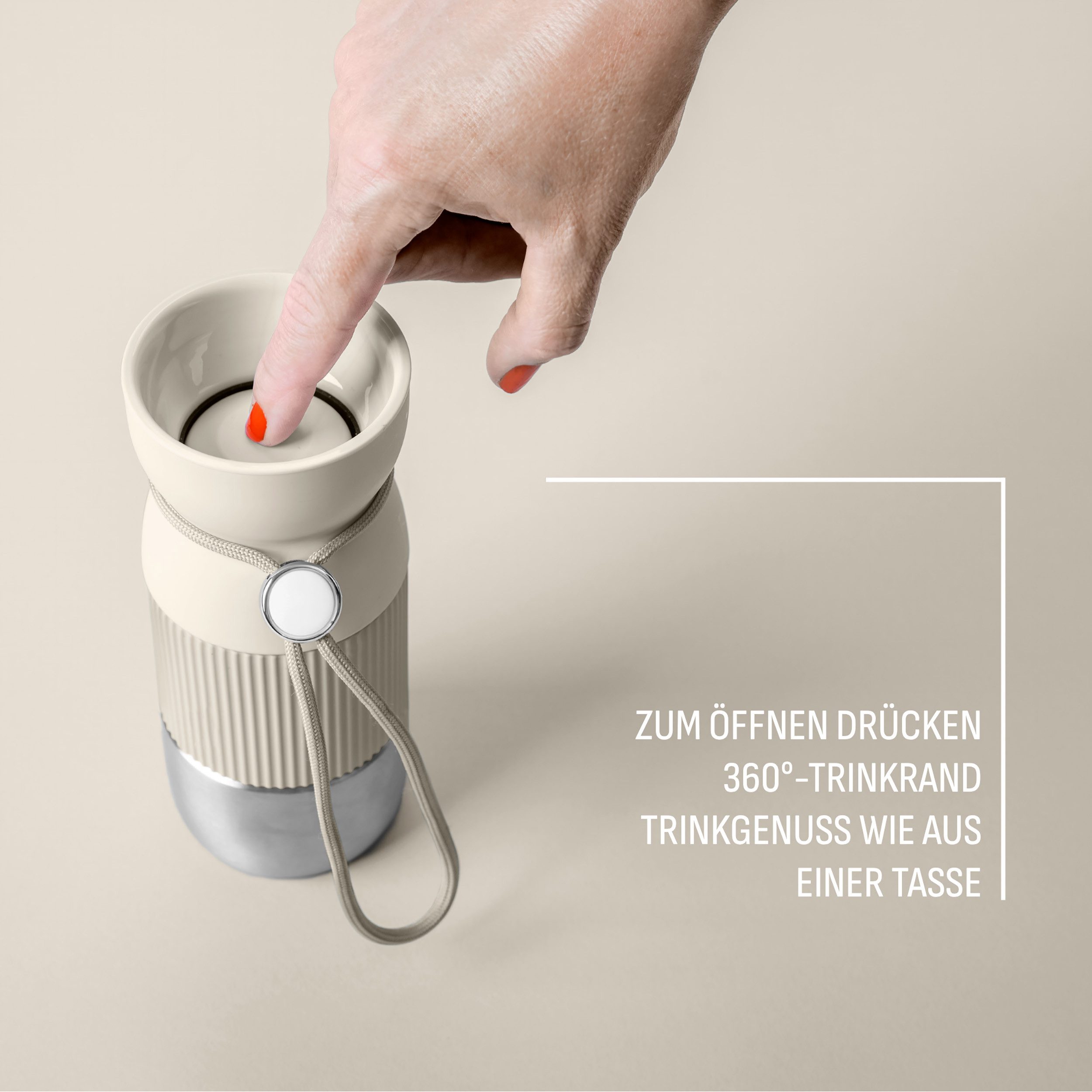 Emsa Thermobecher beYou Cup, 1-tlg., Edelstahl, Polypropylen, Silikon, 0,36 Liter, aromatischer Trinkgenuss, 100% dicht, mit Trageband