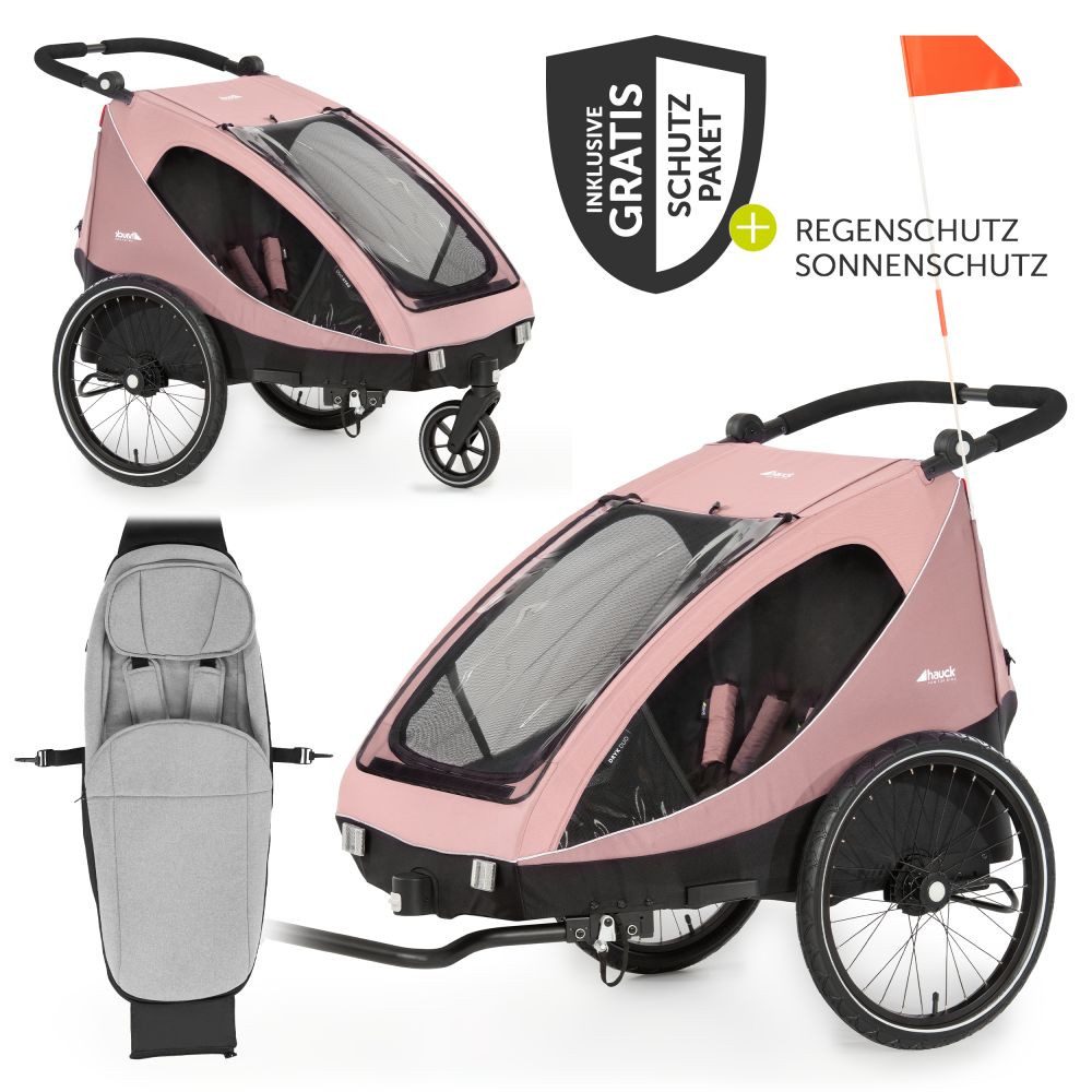 Hauck Fahrradkinderanhänger Dryk Duo set - Rose, Baby Fahrrad Anhänger / Buggy für 2 Kinder mit Babysitz & Regenschutz