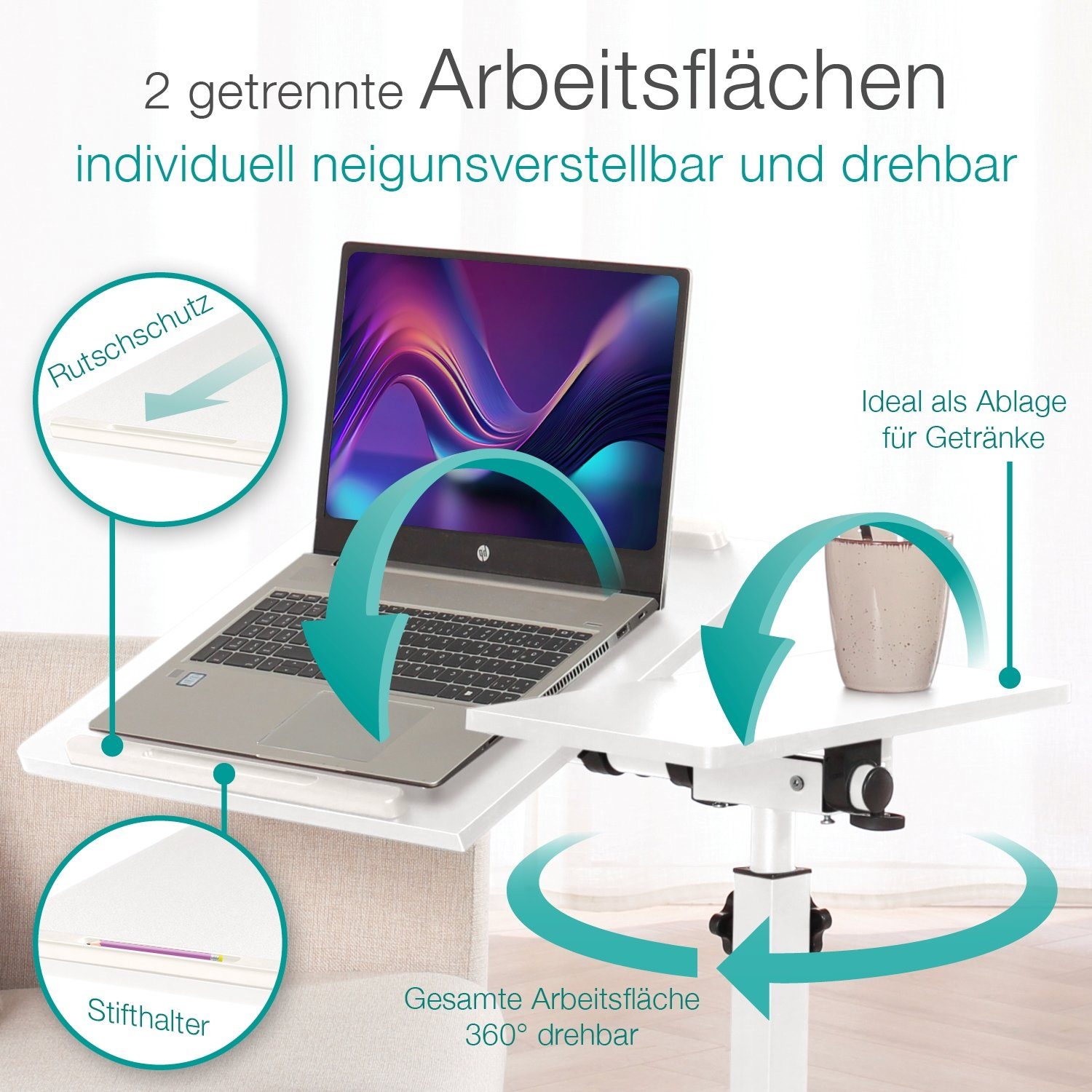 ELONEO Beistelltisch höhenverstellbar & breitenverstellbar mit Rollen & Feststellbremse, neigbare und drehbare Tischplatte mit 2 getrennten Arbeitsflächen