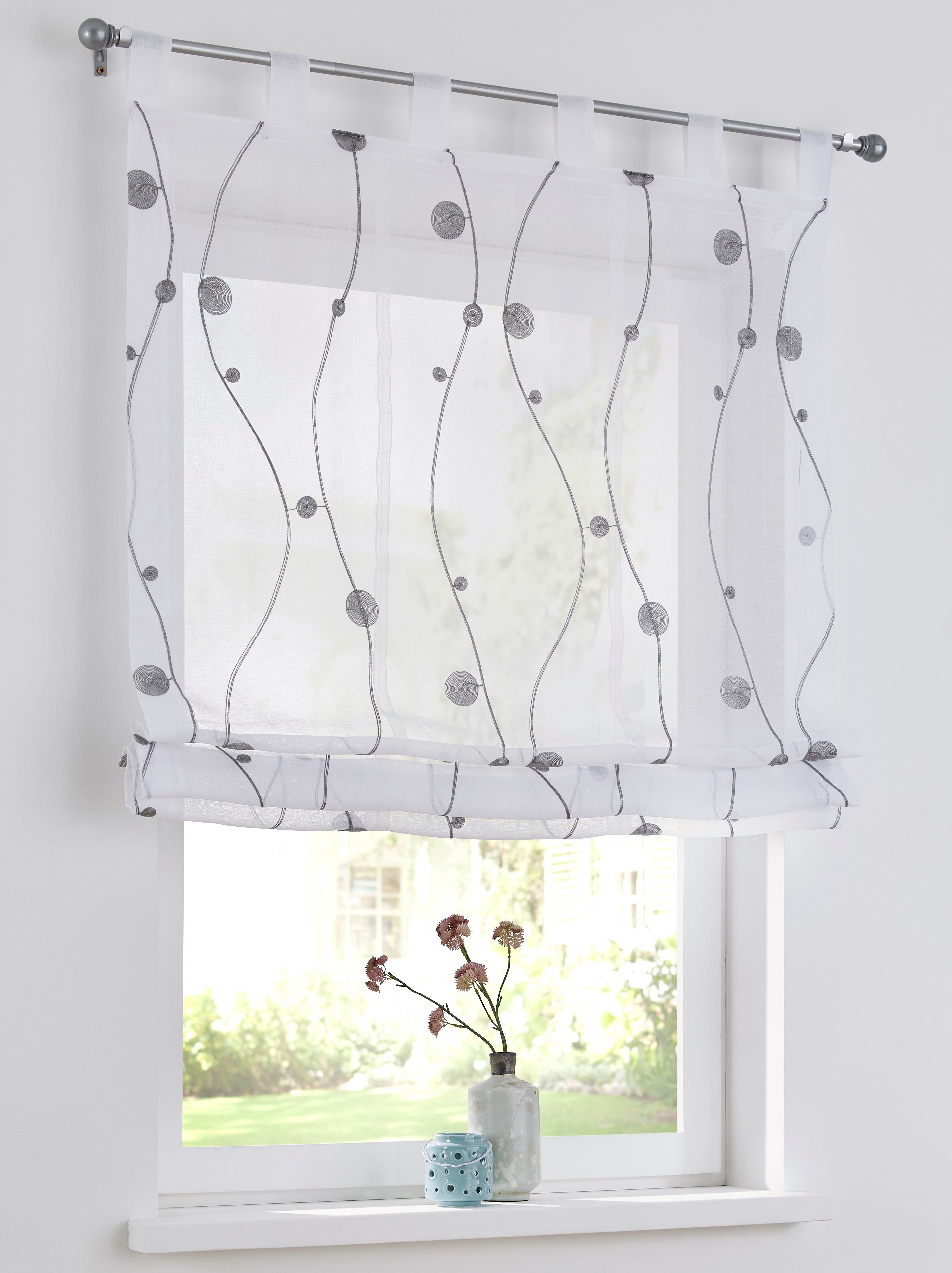 Kutti Raffrollo Nelly, mit Schlaufen, freihängend, modern bestickt, Kreise und Ranken