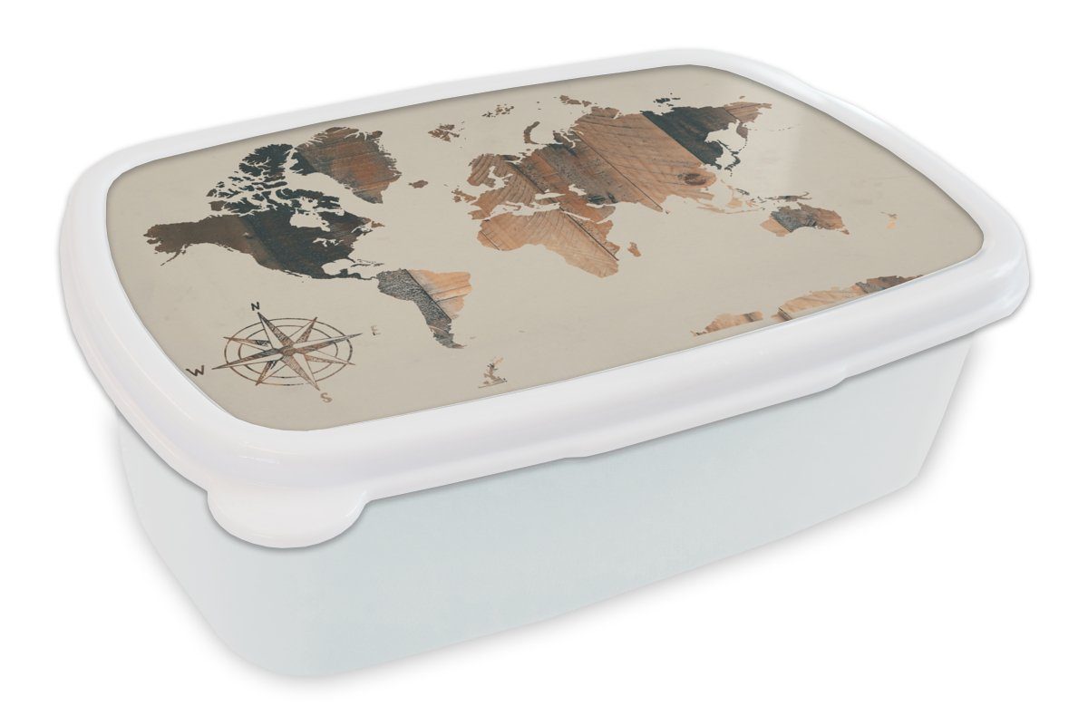 MuchoWow Lunchbox Weltkarte - Holzbrett - Windrose, Kunststoff, (2-tlg), Brotbox für Kinder und Erwachsene, Brotdose, für Jungs und Mädchen weiß