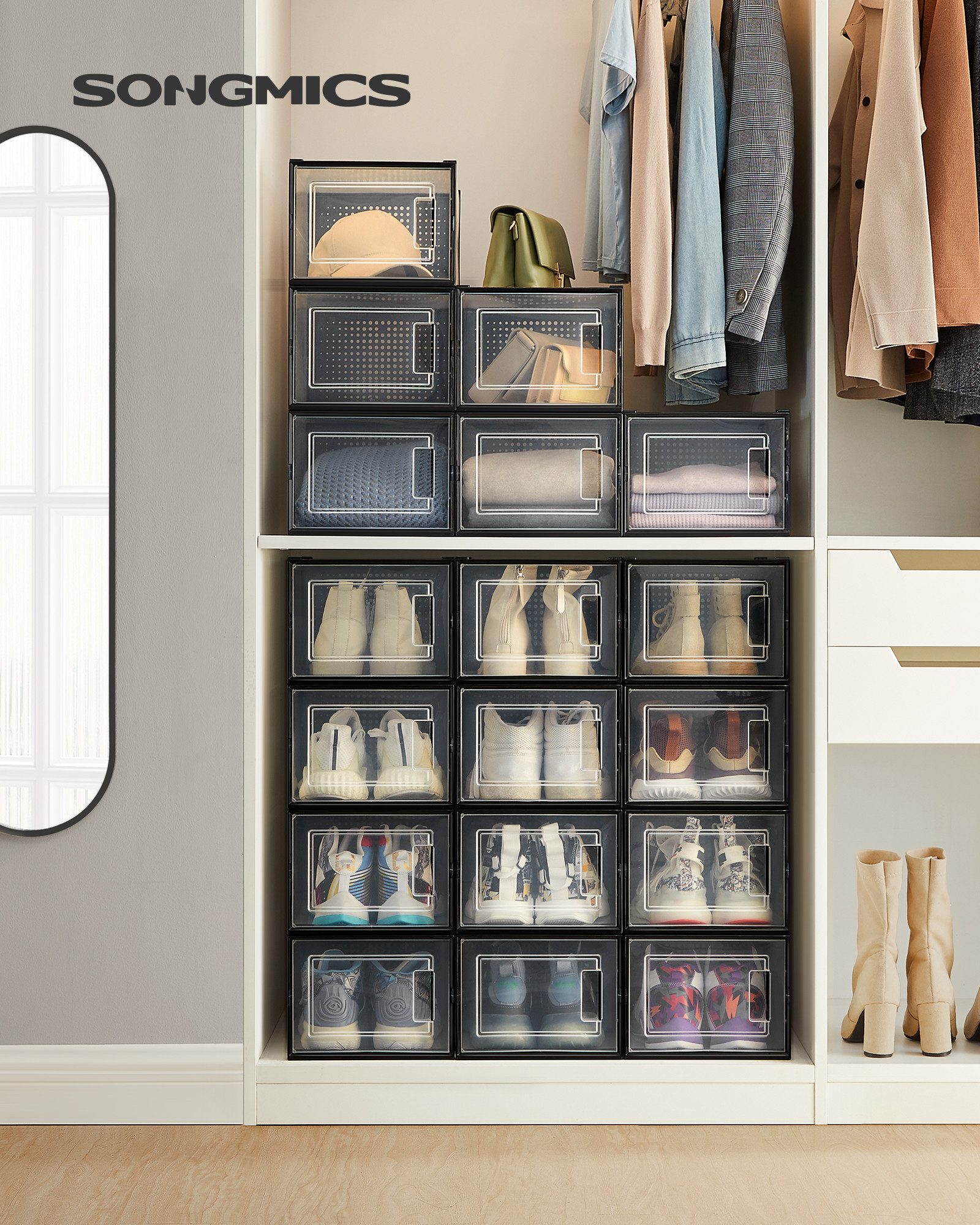 SONGMICS Schuhbox 18er Set, Schuh-Organizer aus Kunststoff, faltbar und stapelbar (18 St), für Schuhe bis Größe 46, 35 x 25 x 19 cm