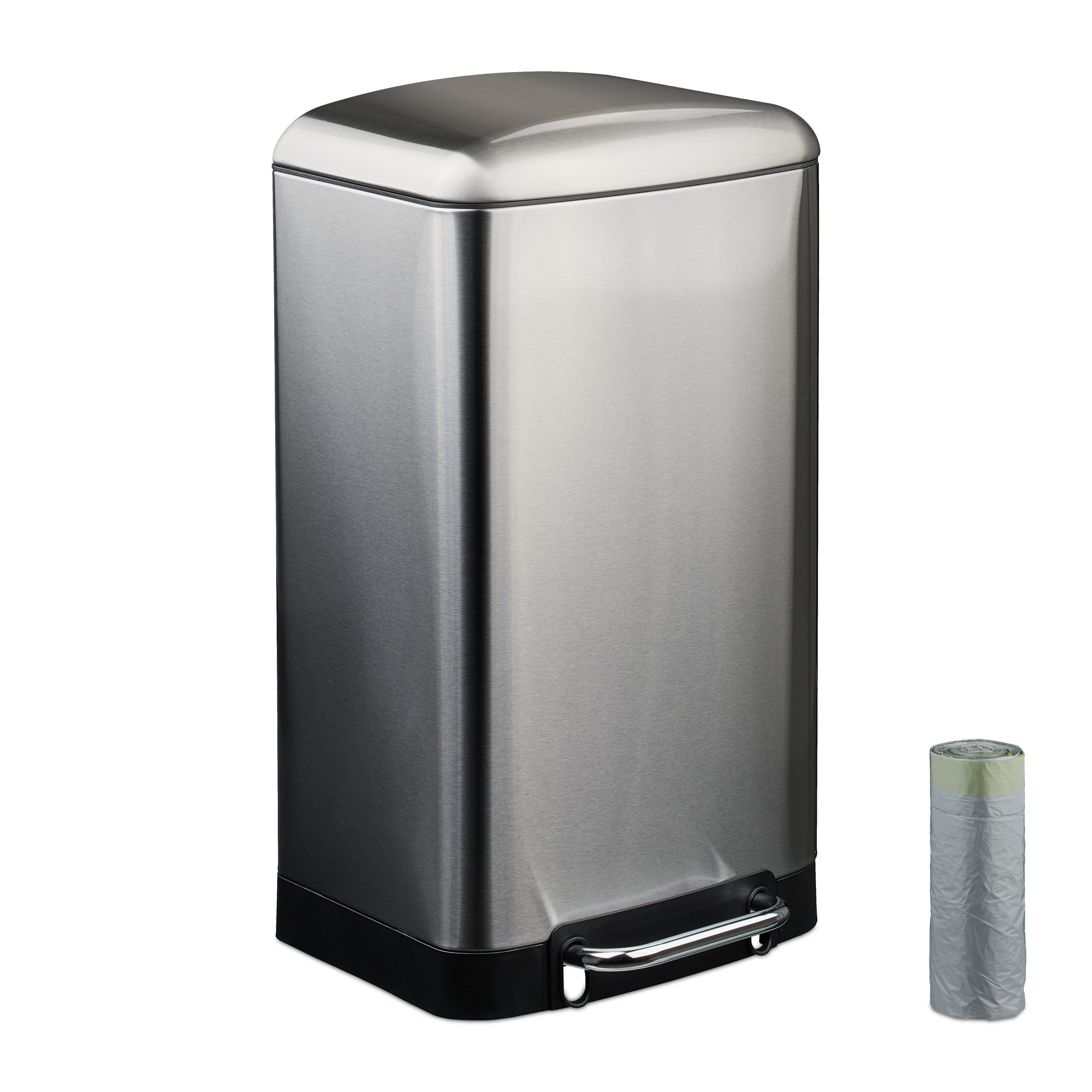 relaxdays Mülleimer Küche 30 Liter mit Müllbeutel, silber