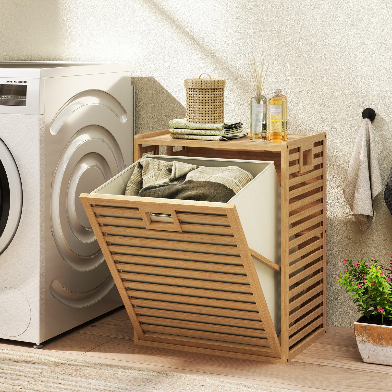 COSTWAY Wäschekorb, 68 L, Badregal Bambus, mit Ablage & klappbarem Korb günstig online kaufen