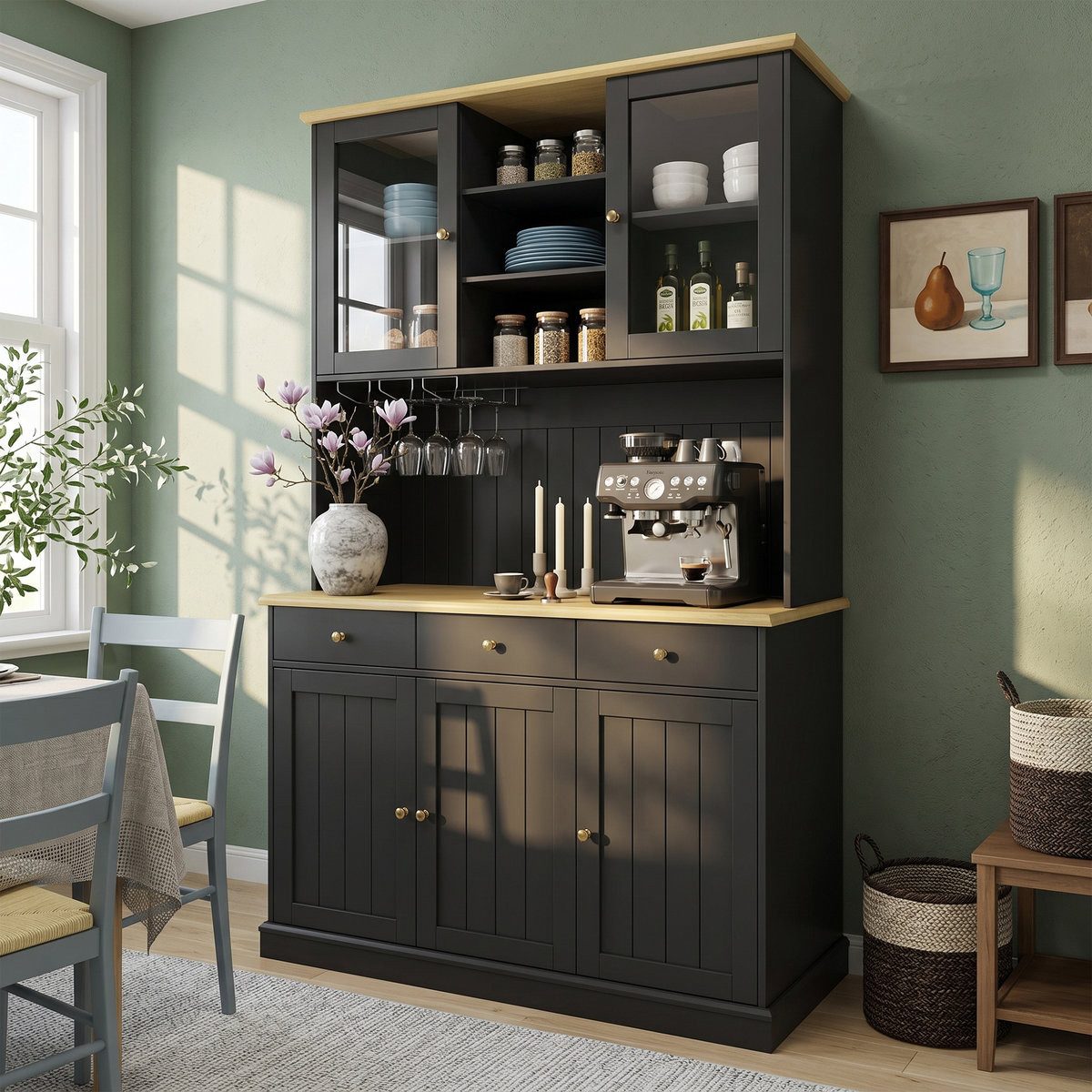 Odikalo Küchenbuffet Küchenschrank Buffetschrank mit USB, Glastüren, Gläserhalter (Buffetschränke, Esszimmer-Hochschrank 120×40×191 cm, mit mehrstufigem Stauraum, integrierter Steckdose sowie USB-C- und USB-A-Anschlüssen)  120×40×191 cm
